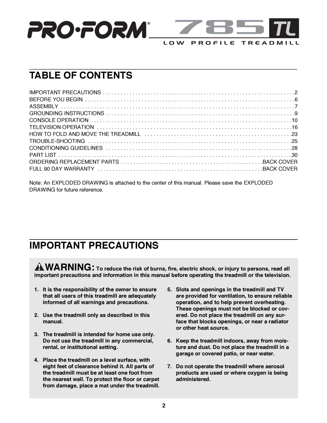 ProForm 785 TL user manual Table of Contents, Important Precautions 