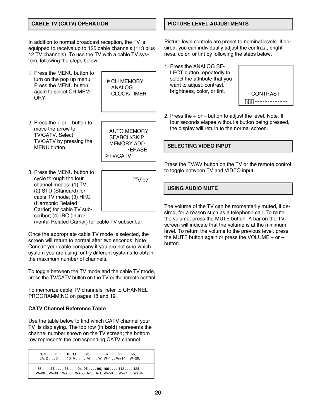 ProForm 785 TL Cable TV Catv Operation Picture Level Adjustments, Catv Channel Reference Table, Contrast, Using Audio Mute 