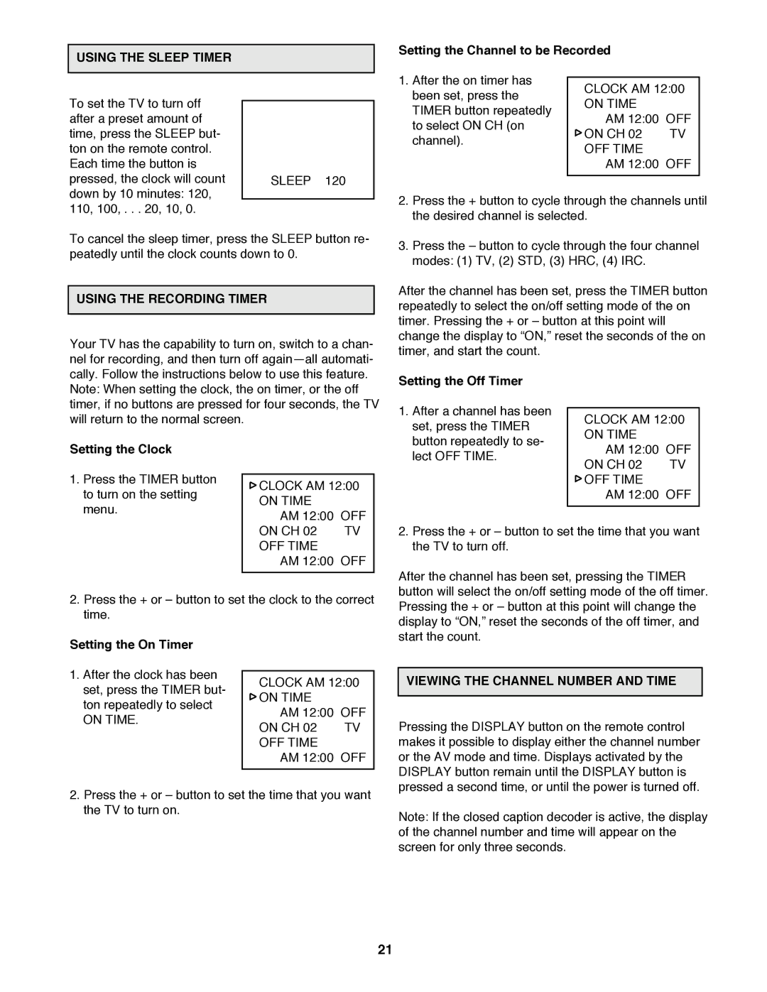 ProForm 785 TL user manual Using the Sleep Timer, Using the Recording Timer, Viewing the Channel Number and Time 