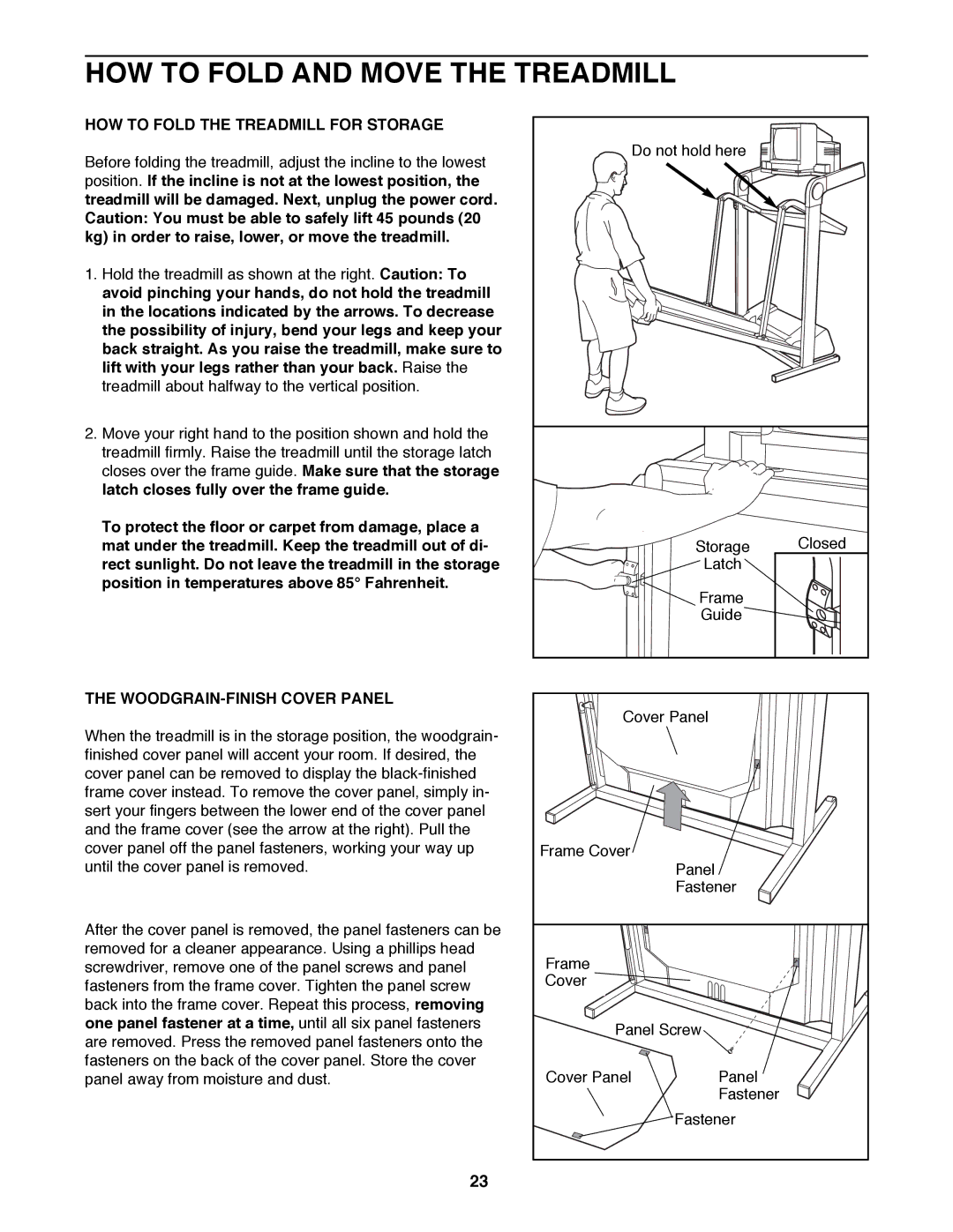 ProForm 785 TL HOW to Fold and Move the Treadmill, HOW to Fold the Treadmill for Storage, WOODGRAIN-FINISH Cover Panel 