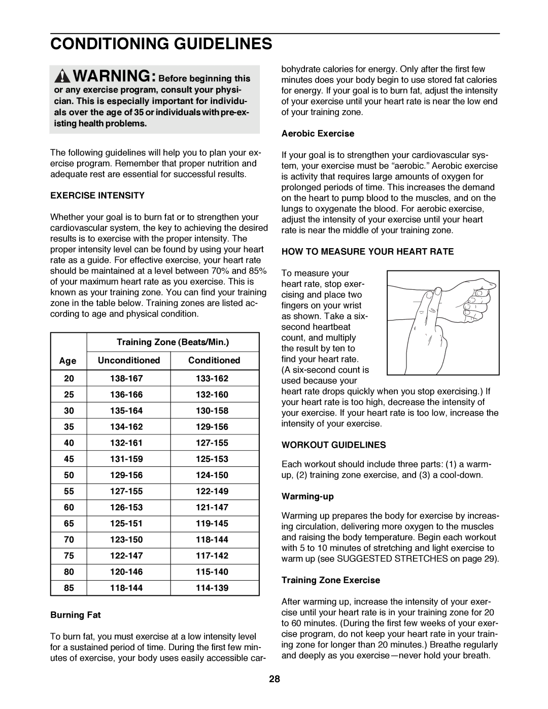 ProForm 785 TL user manual Conditioning Guidelines, Exercise Intensity, HOW to Measure Your Heart Rate, Workout Guidelines 