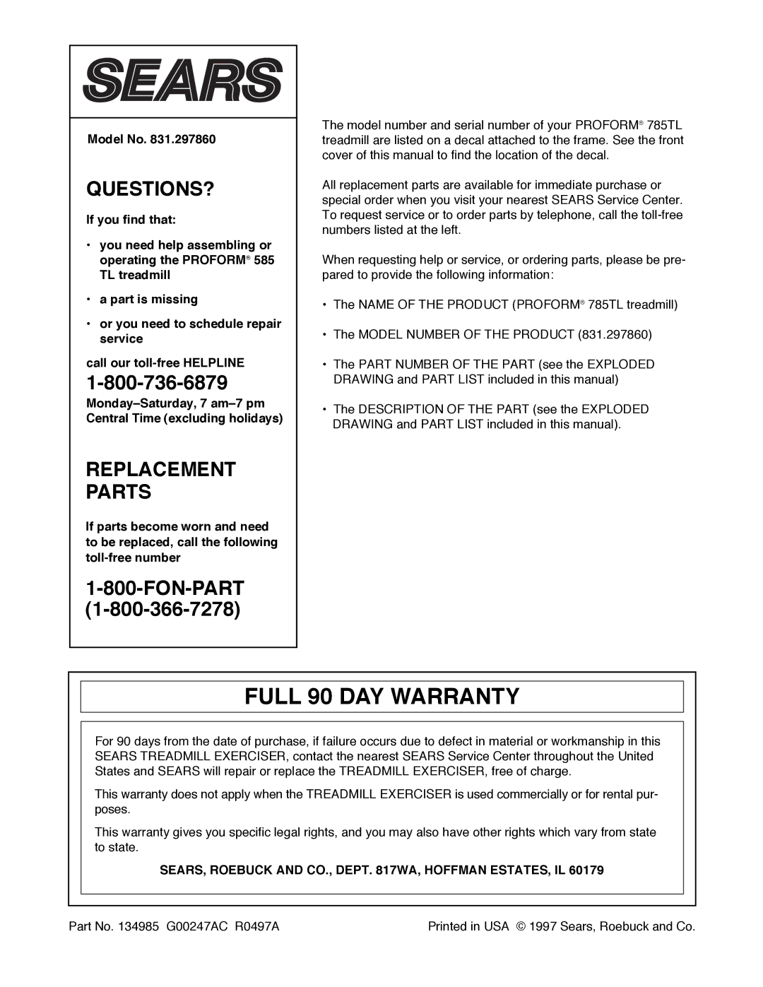 ProForm 785 TL user manual Full 90 DAY Warranty, Model No, SEARS, Roebuck and CO., Dept WA, Hoffman ESTATES, IL 