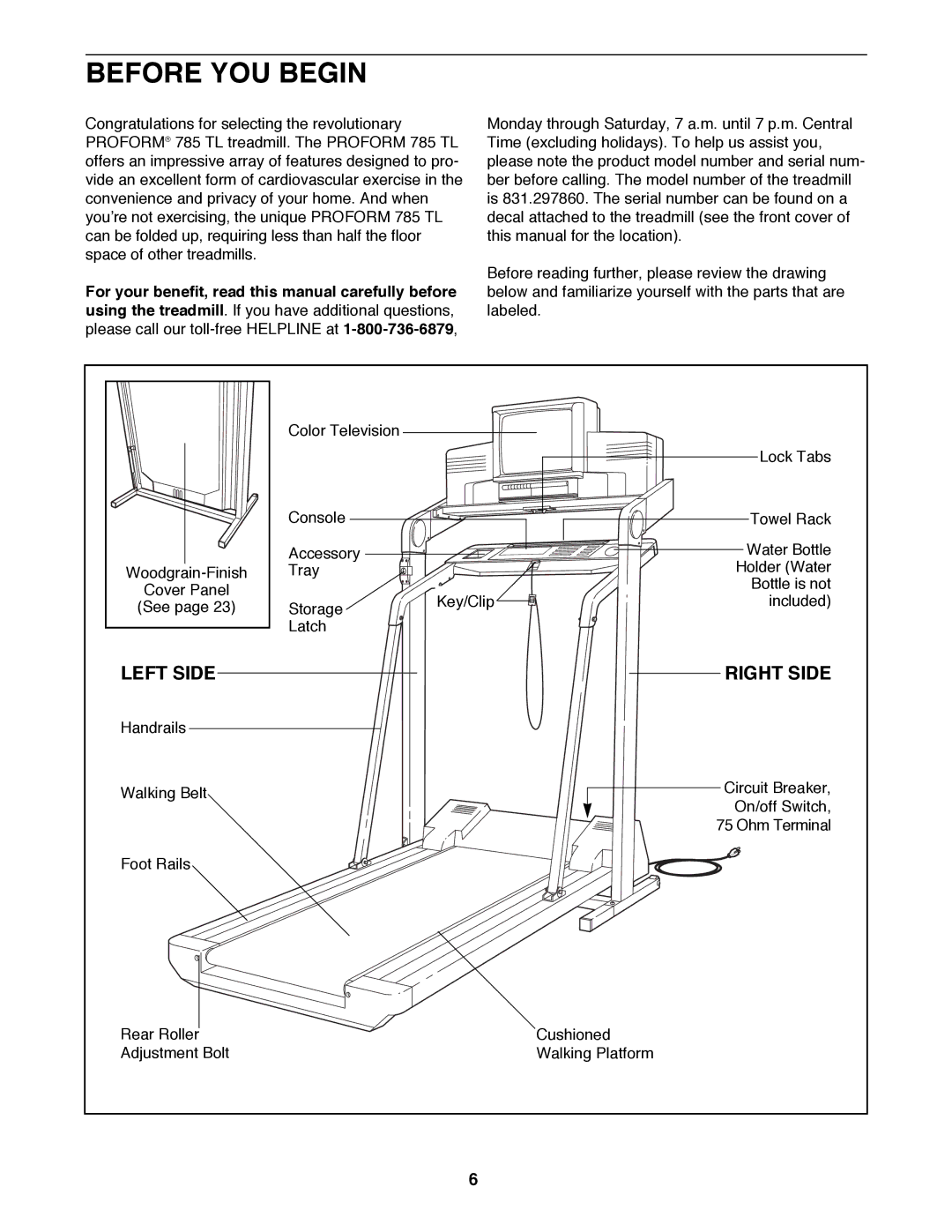 ProForm 785 TL user manual Before YOU Begin, Left Side Right Side 