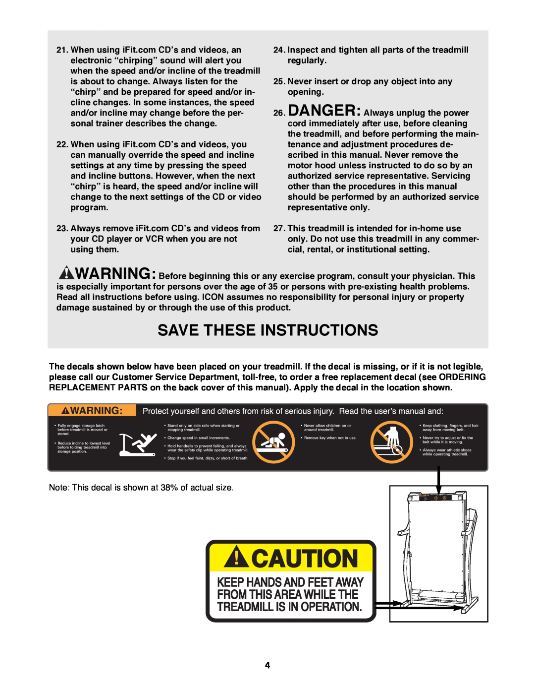 ProForm 785Pi user manual Save These Instructions, Inspect and tighten all parts of the treadmill regularly 