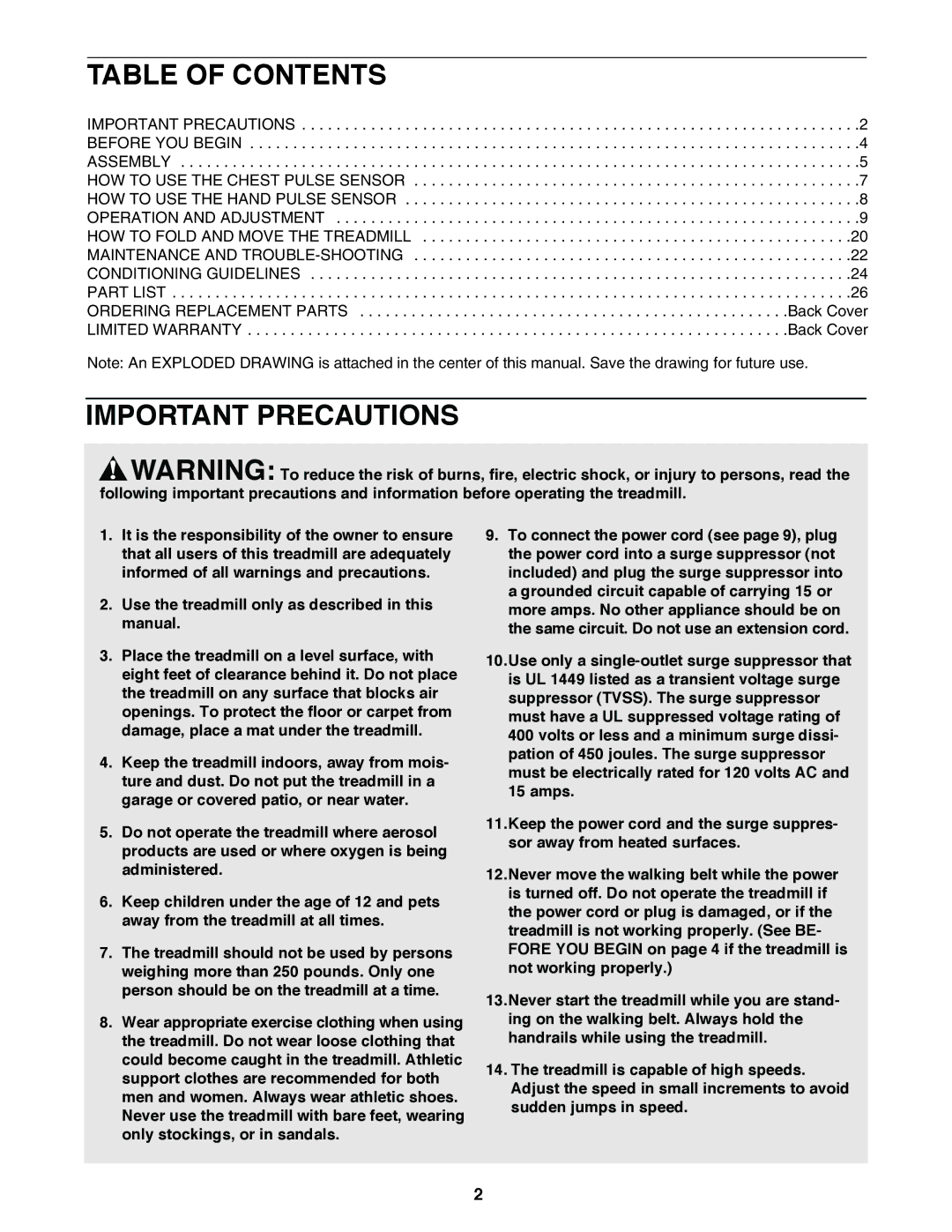 ProForm 795 user manual Table of Contents, Important Precautions 