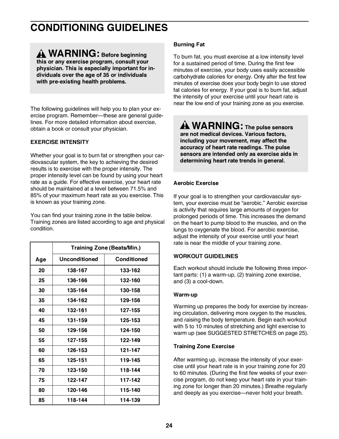 ProForm 795 user manual Conditioning Guidelines, Exercise Intensity, Workout Guidelines 