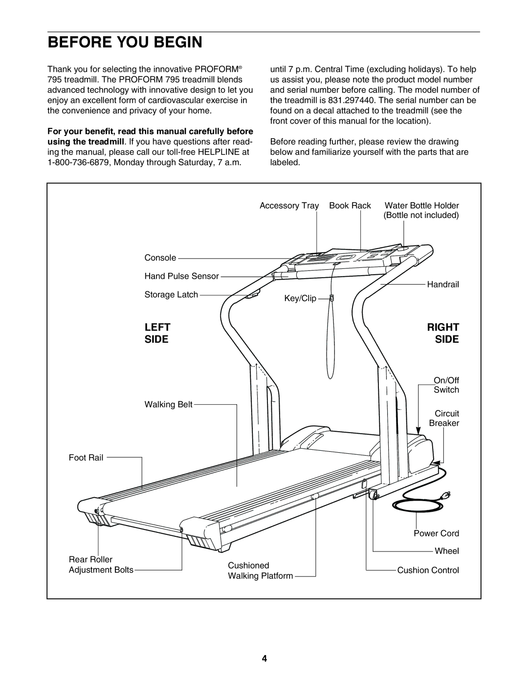 ProForm 795 user manual Before YOU Begin, Left Right Side 