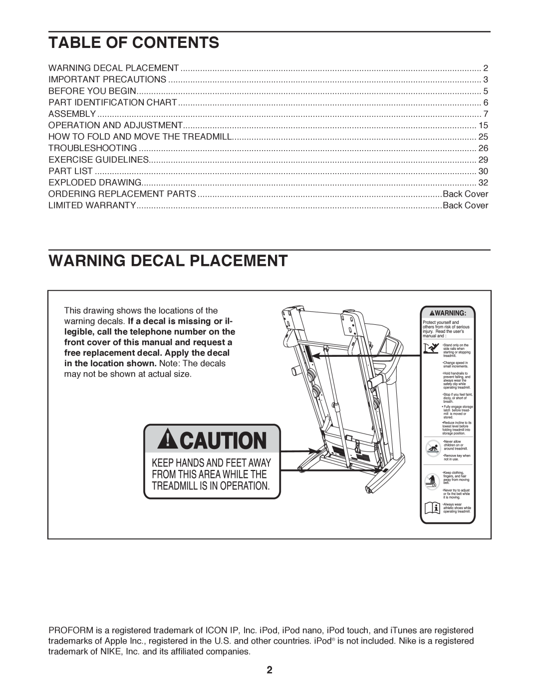 ProForm 795 user manual Table Of Contents, Warning Decal Placement 