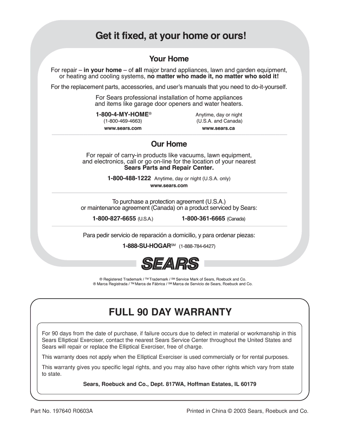 ProForm 820 user manual Full 90 DAY Warranty, Sears, Roebuck and Co., Dept WA, Hoffman Estates, IL 