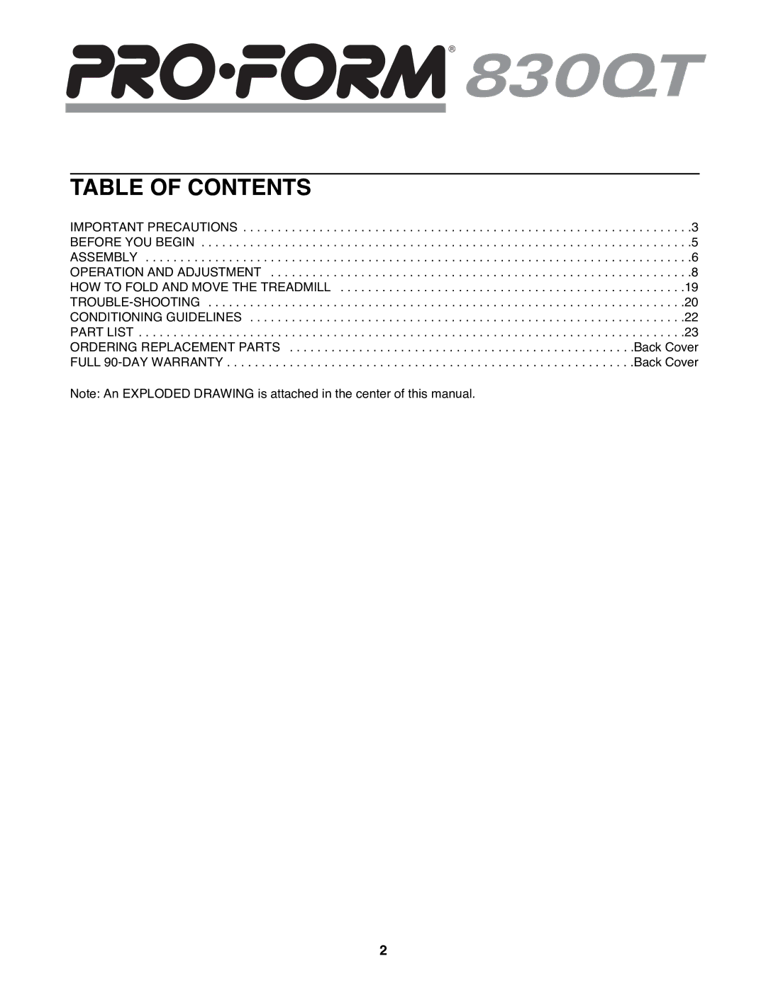 ProForm 830QT user manual Table of Contents 