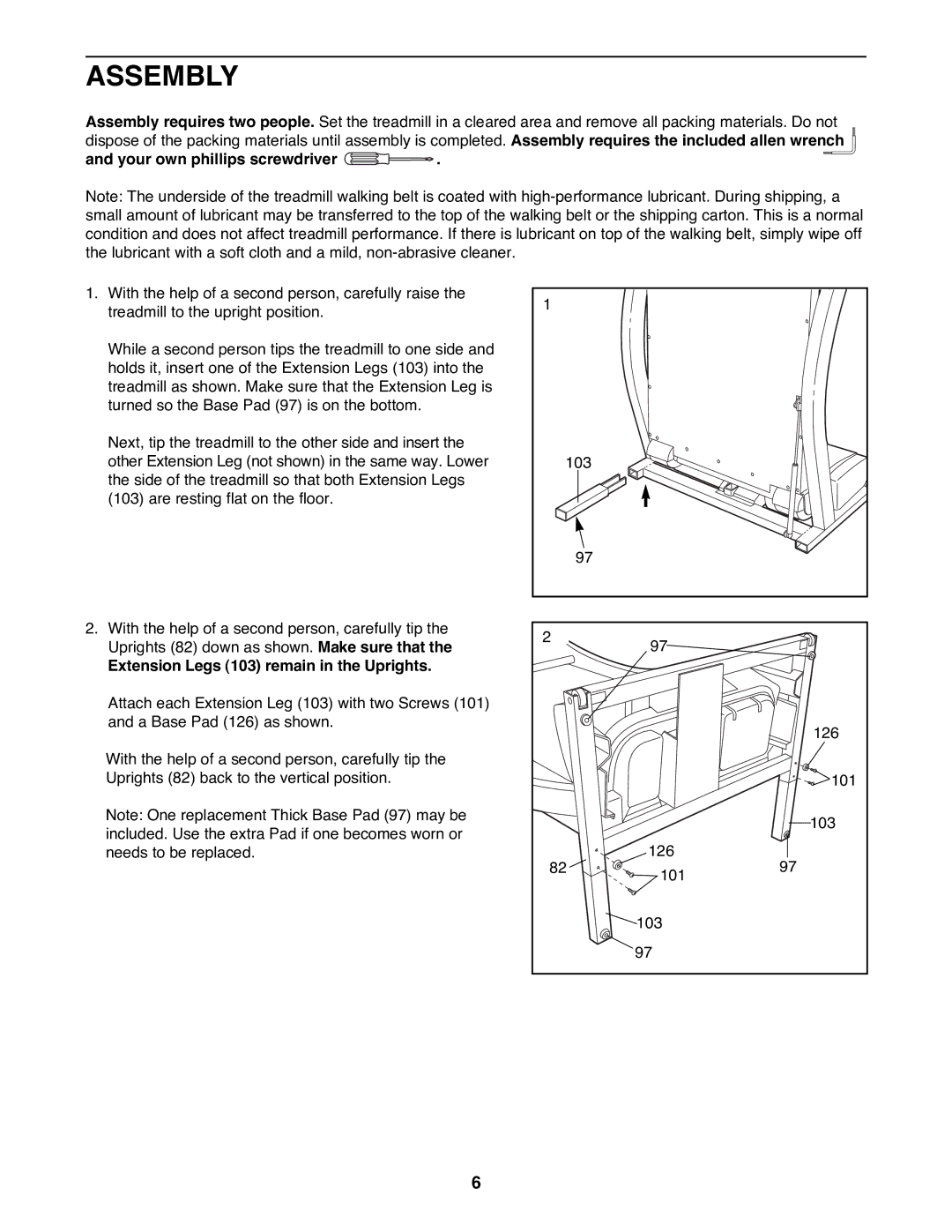 ProForm 830QT user manual Assembly, Your own phillips screwdriver, Extension Legs 103 remain in the Uprights 