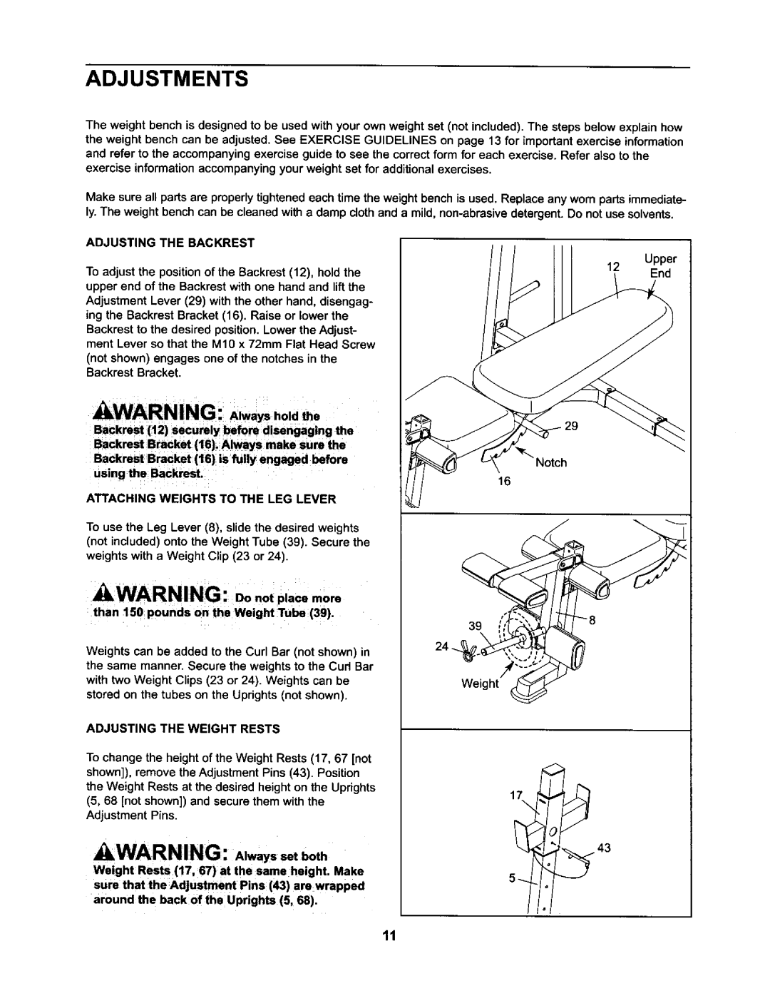 ProForm 831.15032 user manual Adjustments, Attaching Weights to the LEG Lever, Than 150 pounds on the Weight Tube 