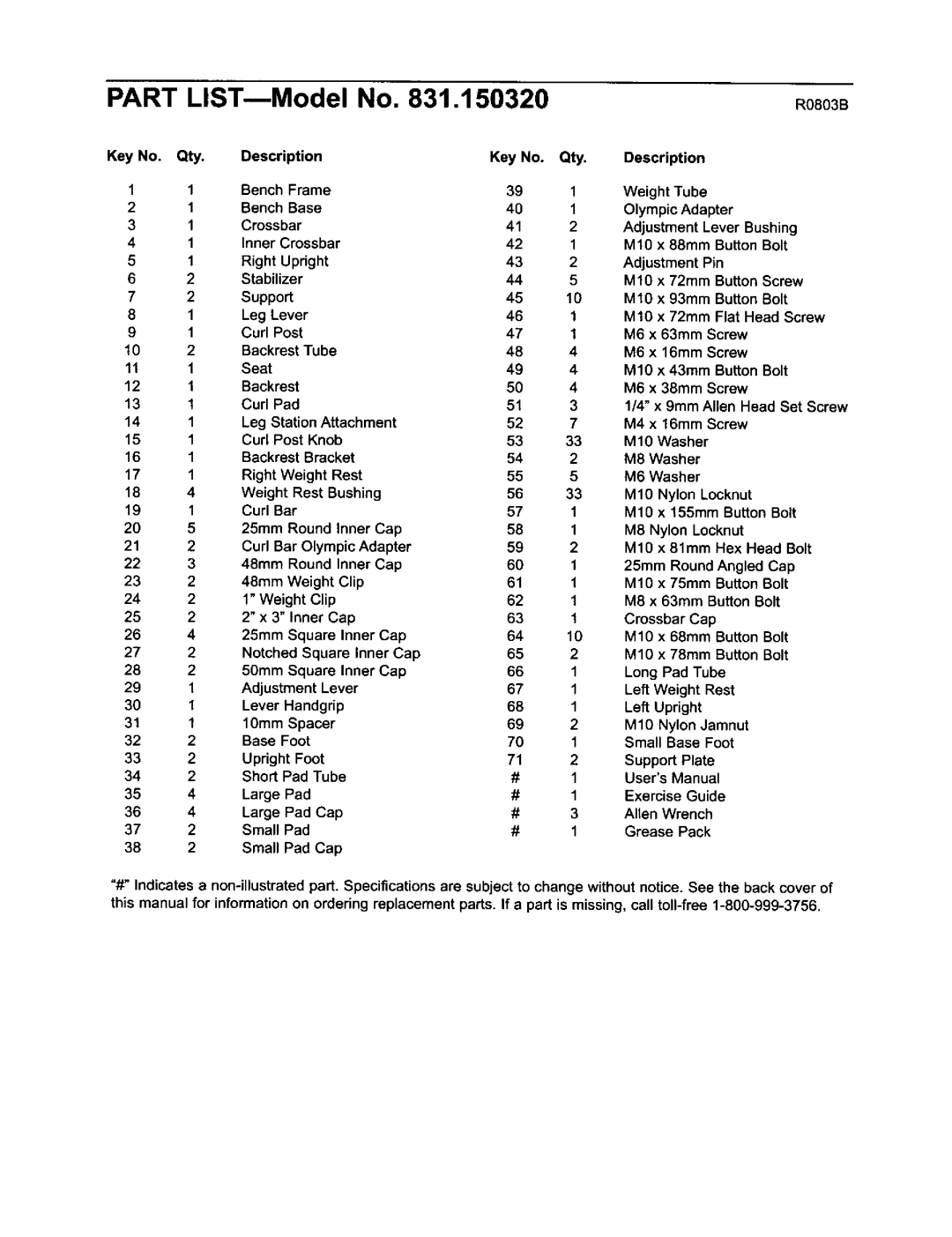 ProForm 831.15032 user manual Part, Qty Description, Olympic Adapter 