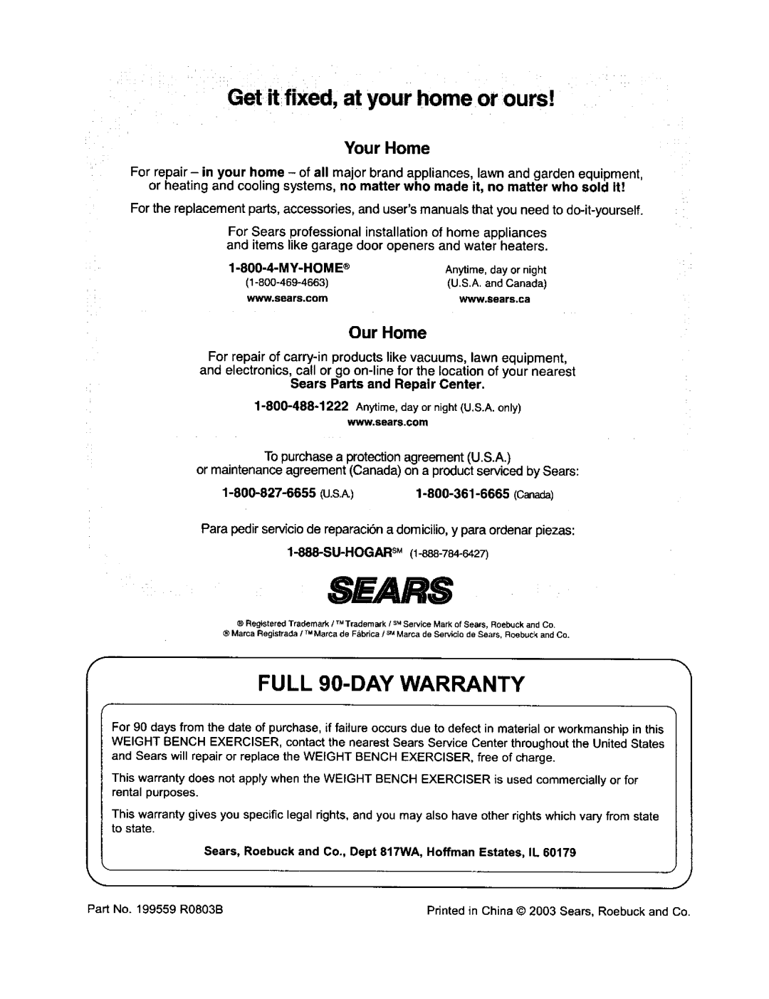 ProForm 831.15032 user manual Full 90-DAY Warranty, My-Home, Sears Parts and Repair Center, Canada 