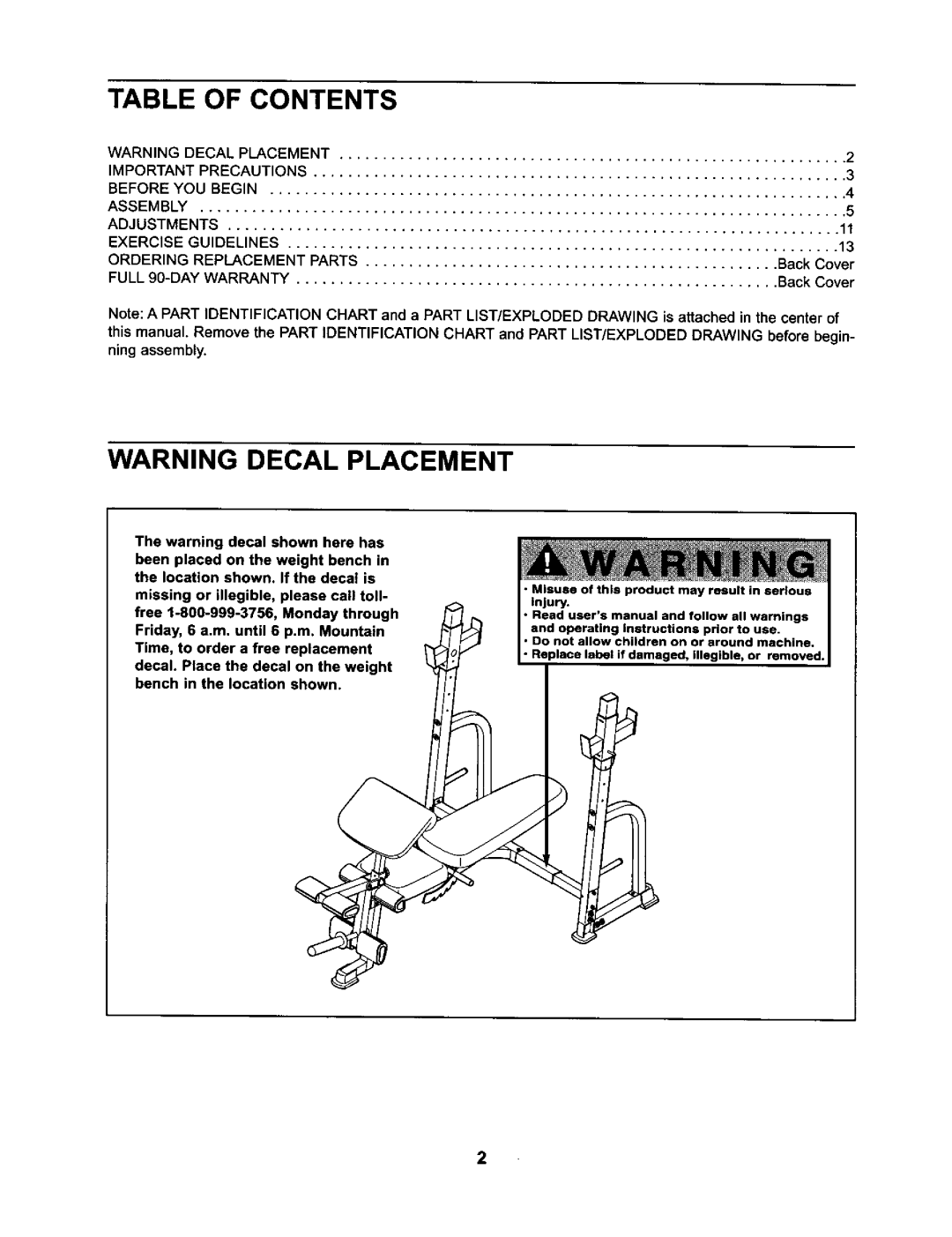 ProForm 831.15032 user manual Table of Contents 