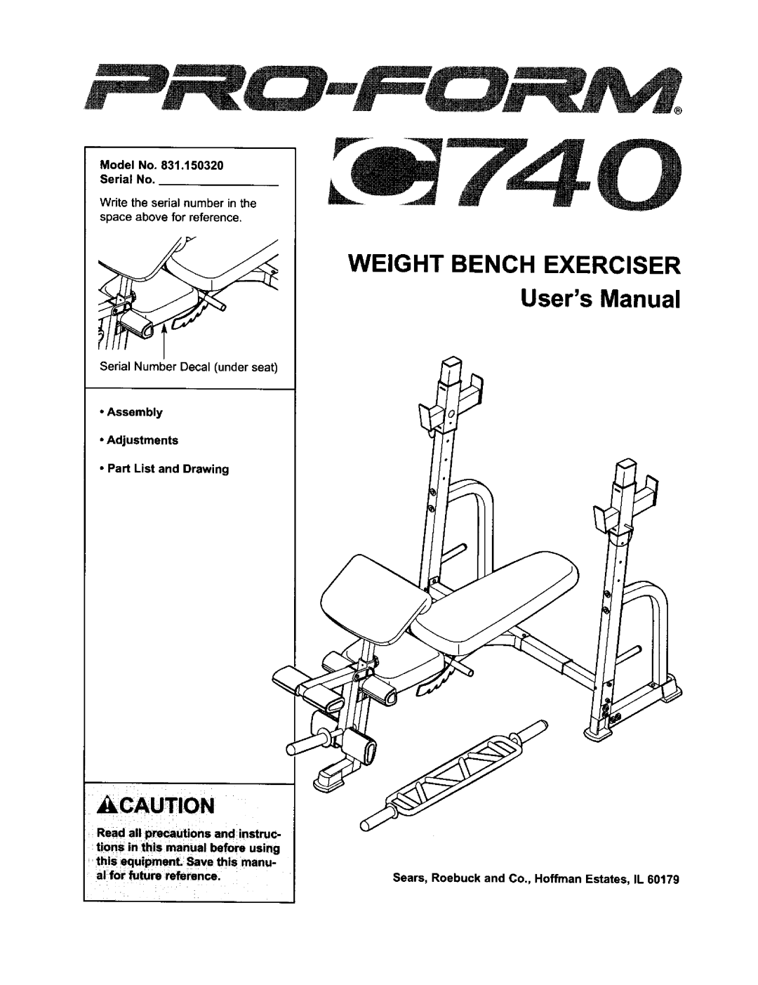 ProForm 831.15032 user manual WEIGHT BENCH EXERCISER UsersManual, Sears, Roebuck and Co., Hoffman Estates, IL 