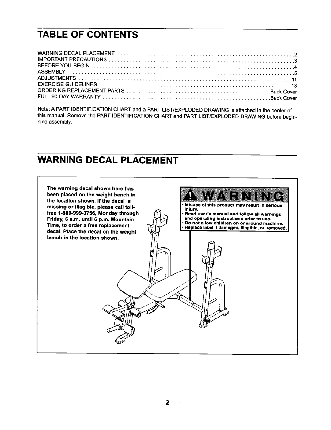 ProForm 831.15032 Table Of Contents, Warning Decal Placement, Misuse of this product may result in serious injury 