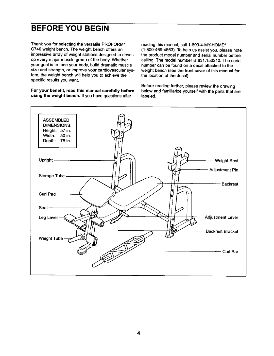 ProForm 831.15032 user manual Before You Begin, Upright, reading this manual, call 1-800--4-MY-HOME, ustment Lever 