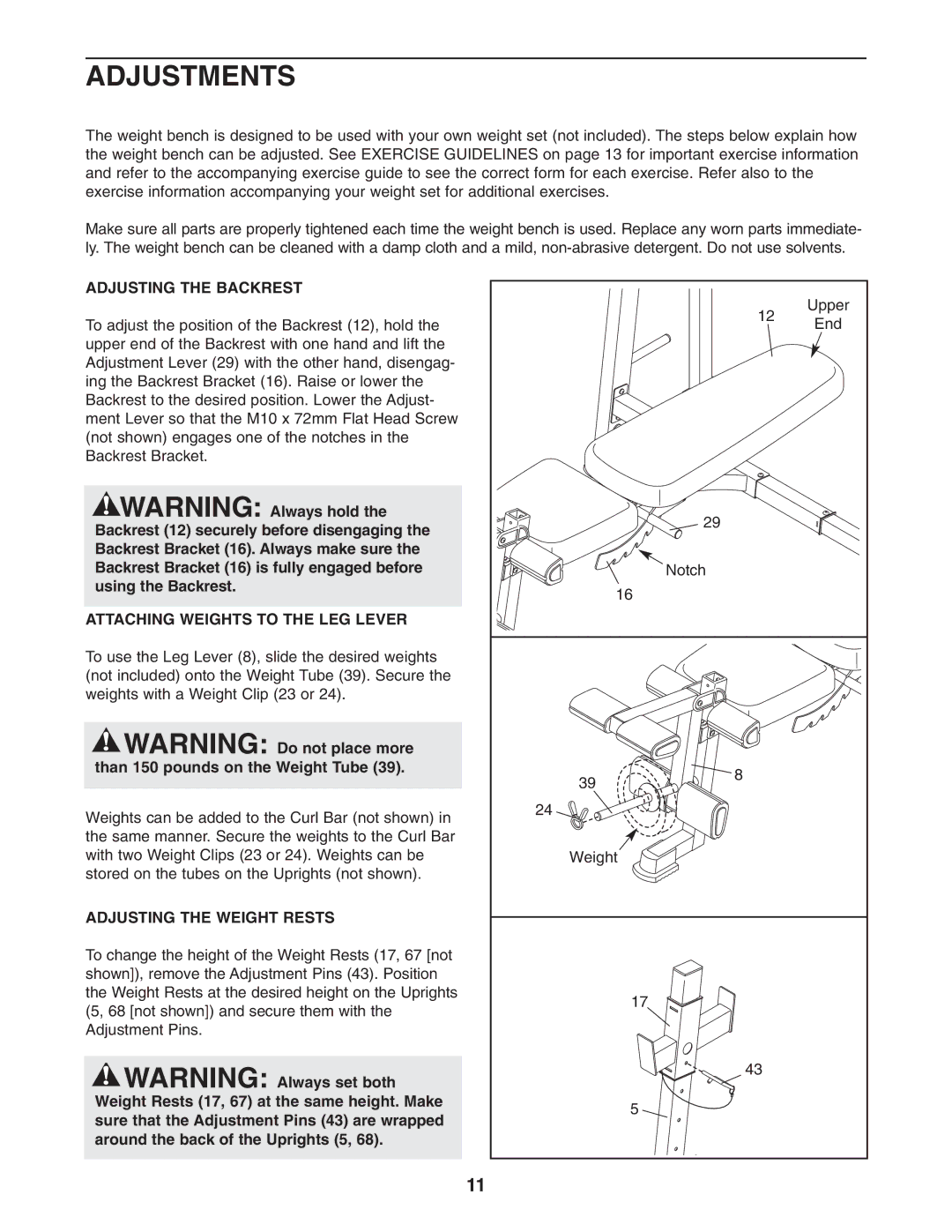 ProForm 831.150320 Adjustments, Adjusting the Backrest, Attaching Weights to the LEG Lever, Adjusting the Weight Rests 