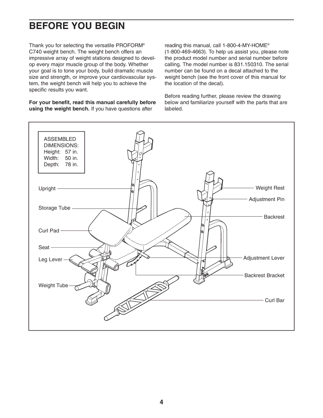 ProForm 831.150320 user manual Before YOU Begin, Dimensions 