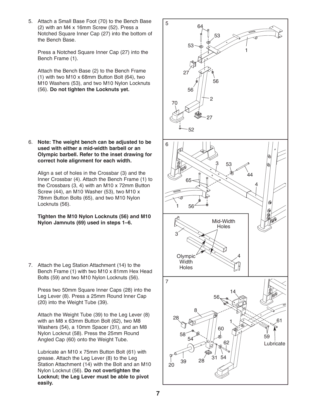 ProForm 831.150320 user manual Do not tighten the Locknuts yet, Locknut the Leg Lever must be able to pivot easily 