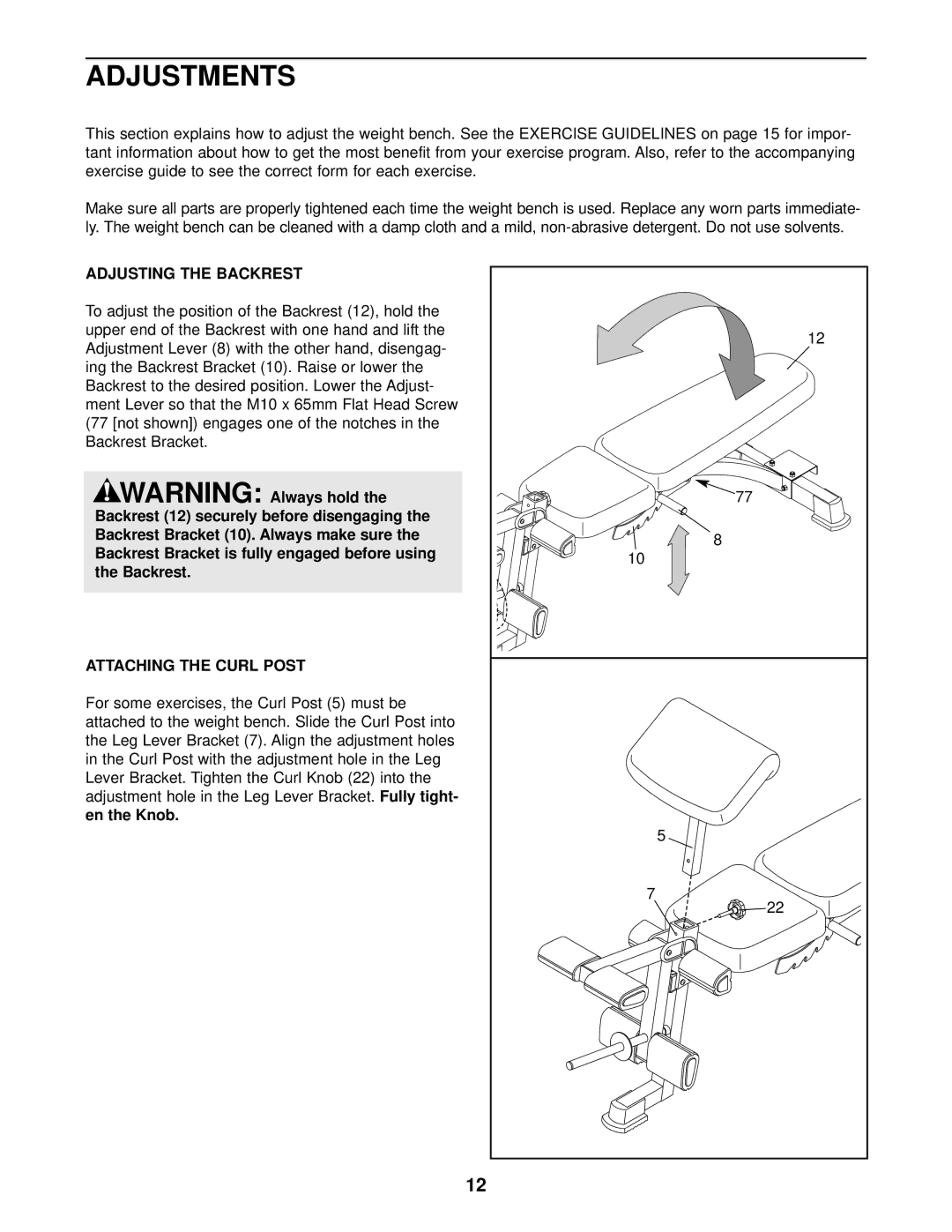 ProForm 831.150330, C800 user manual Adjustments, Adjusting the Backrest, Attaching the Curl Post 