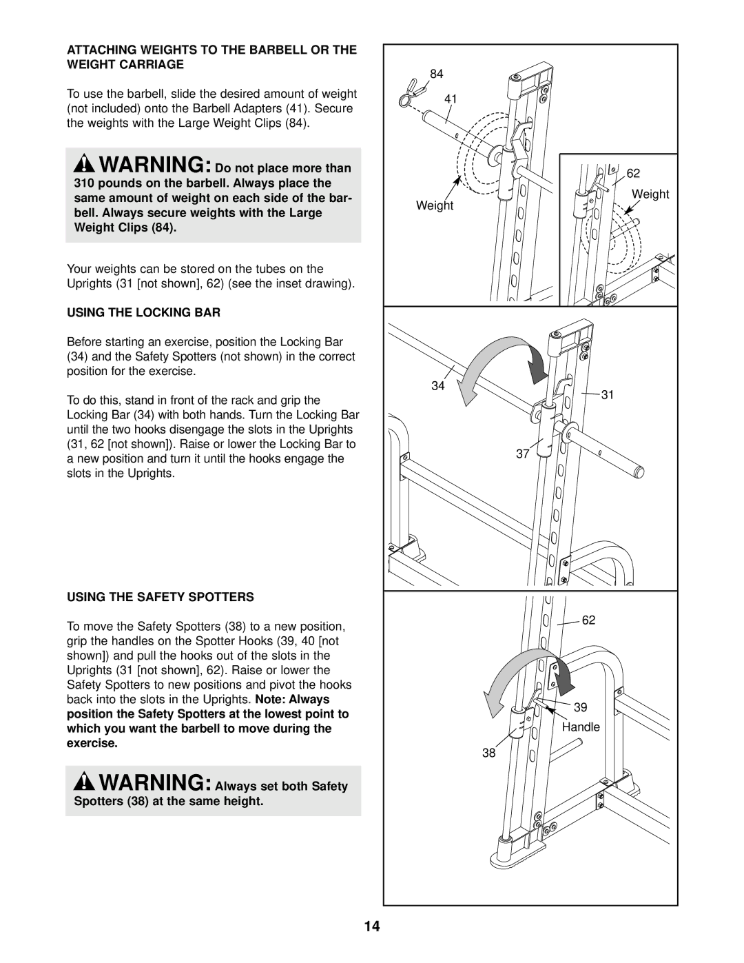 ProForm 831.150330, C800 user manual Attaching Weights to the Barbell or the Weight Carriage, Using the Locking BAR 