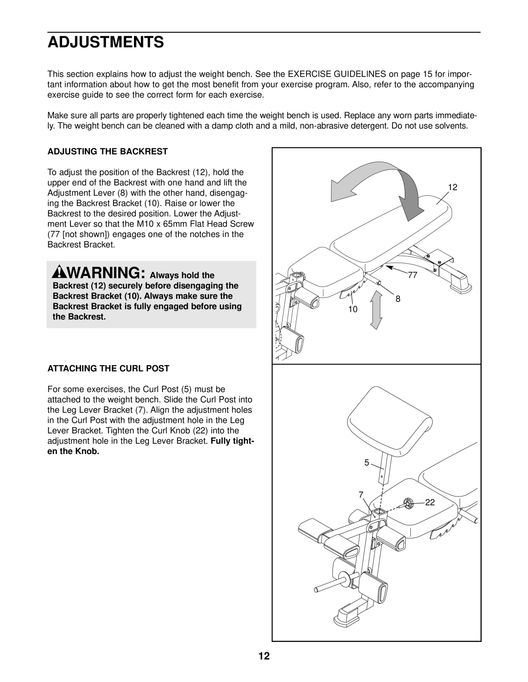 ProForm 831.150330, C800 user manual Adjustments, Adjusting The Backrest, Attaching The Curl Post 
