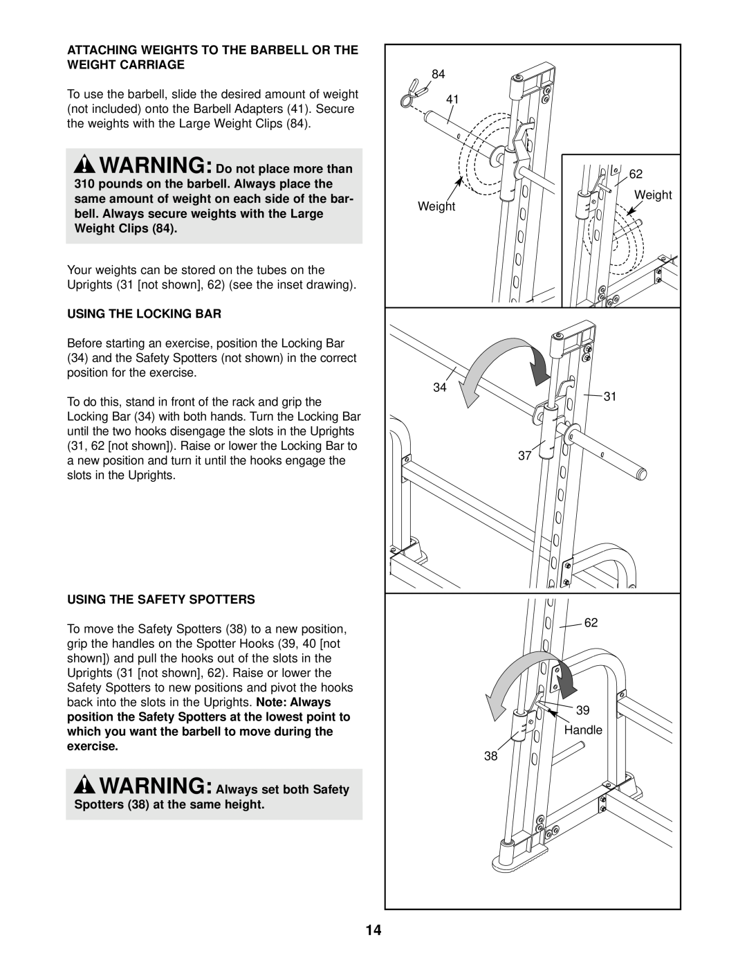 ProForm 831.150330, C800 user manual Attaching Weights To The Barbell Or The Weight Carriage, Using The Locking Bar 
