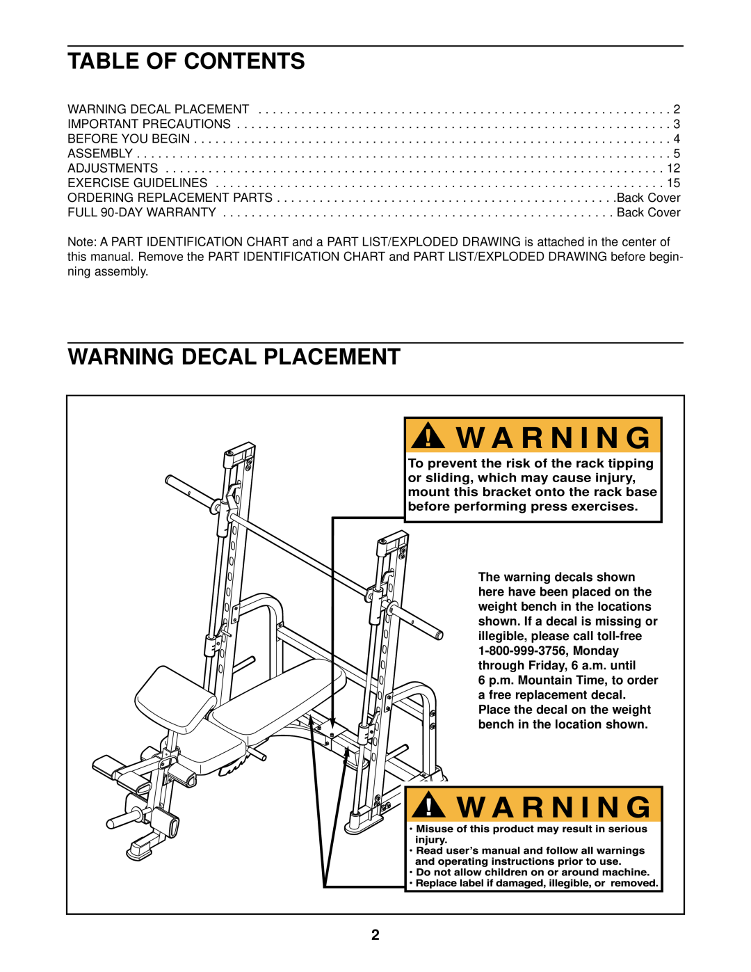 ProForm 831.150330, C800 user manual Table Of Contents, Warning Decal Placement, W A R N I N G 