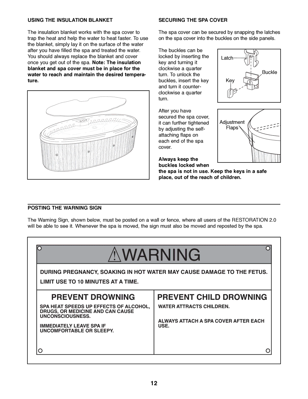 ProForm 831.21002 user manual Using the Insulation Blanket, Securing the SPA Cover, Posting the Warning Sign 