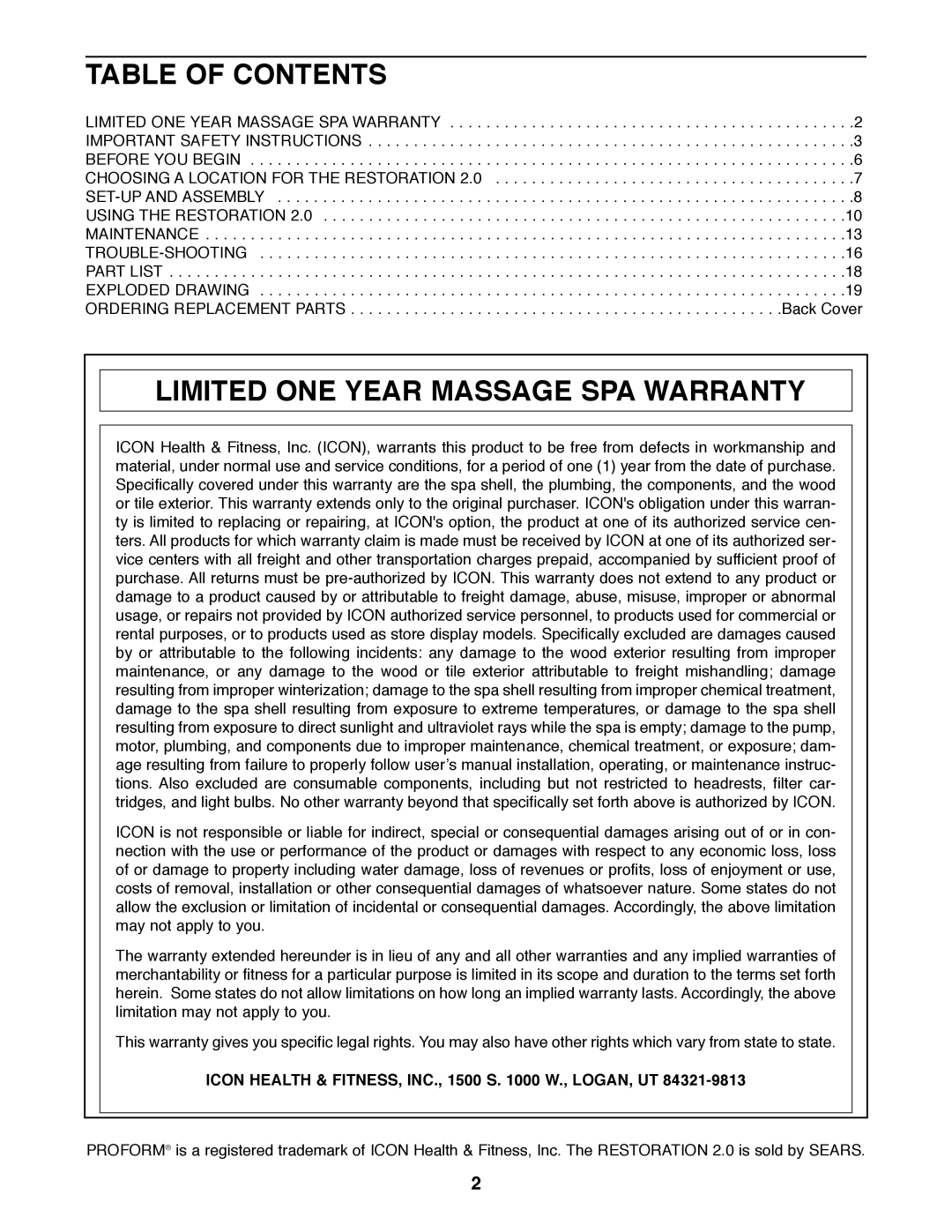 ProForm 831.21002 user manual Table of Contents, Limited ONE Year Massage SPA Warranty 