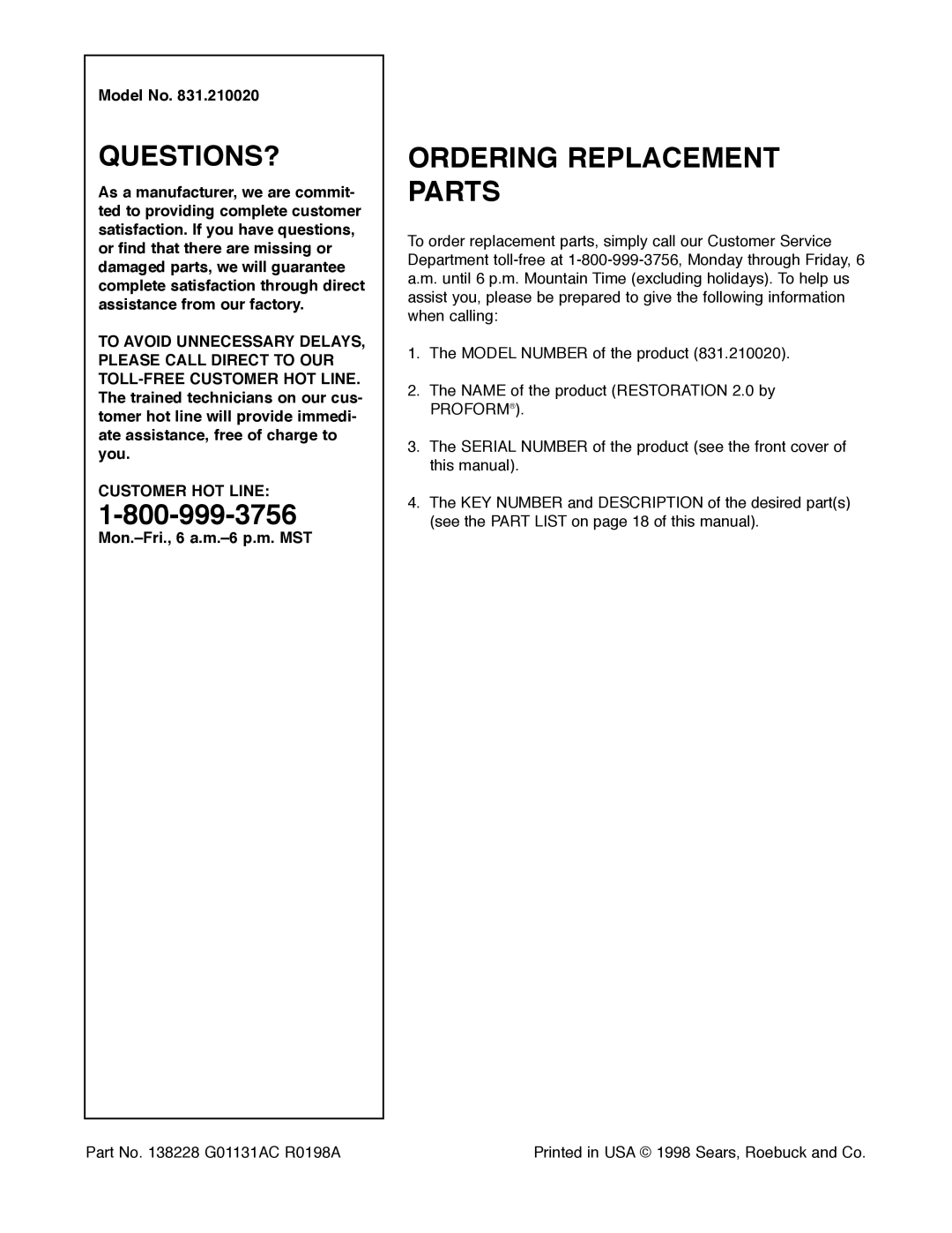 ProForm 831.21002 user manual Ordering Replacement Parts, Model No 