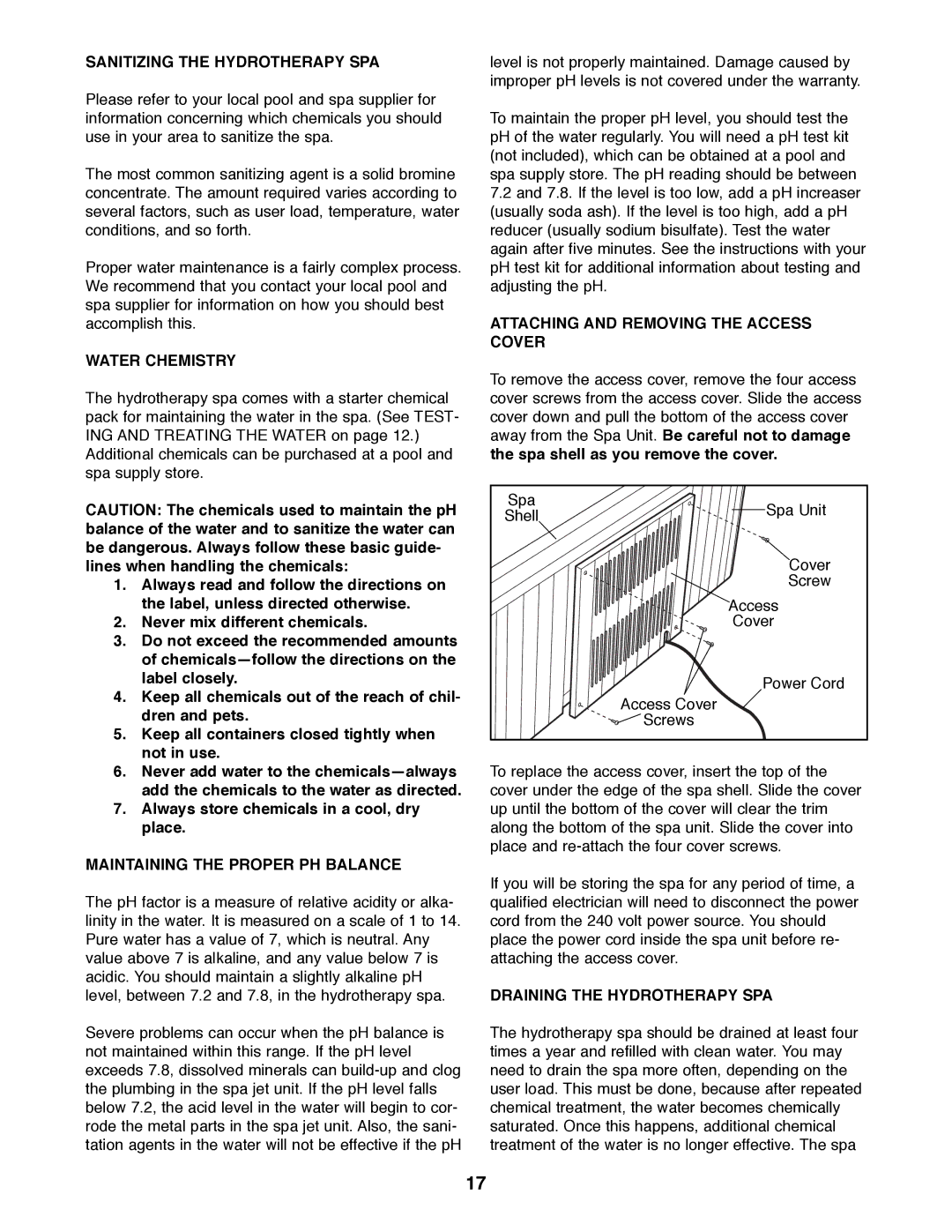 ProForm 831.21005 user manual Sanitizing the Hydrotherapy SPA, Water Chemistry, Maintaining the Proper PH Balance 