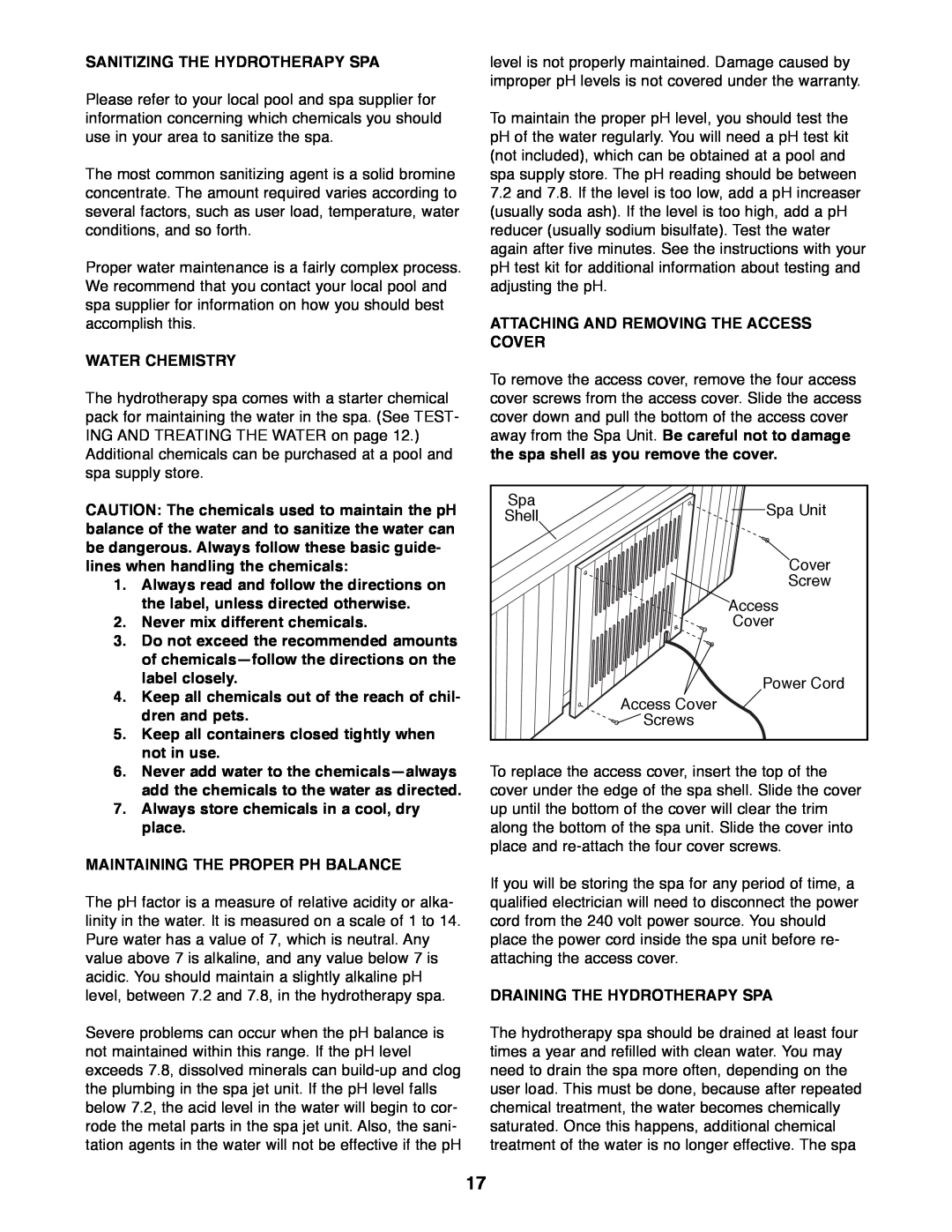 ProForm 831.21005 user manual Sanitizing The Hydrotherapy Spa 