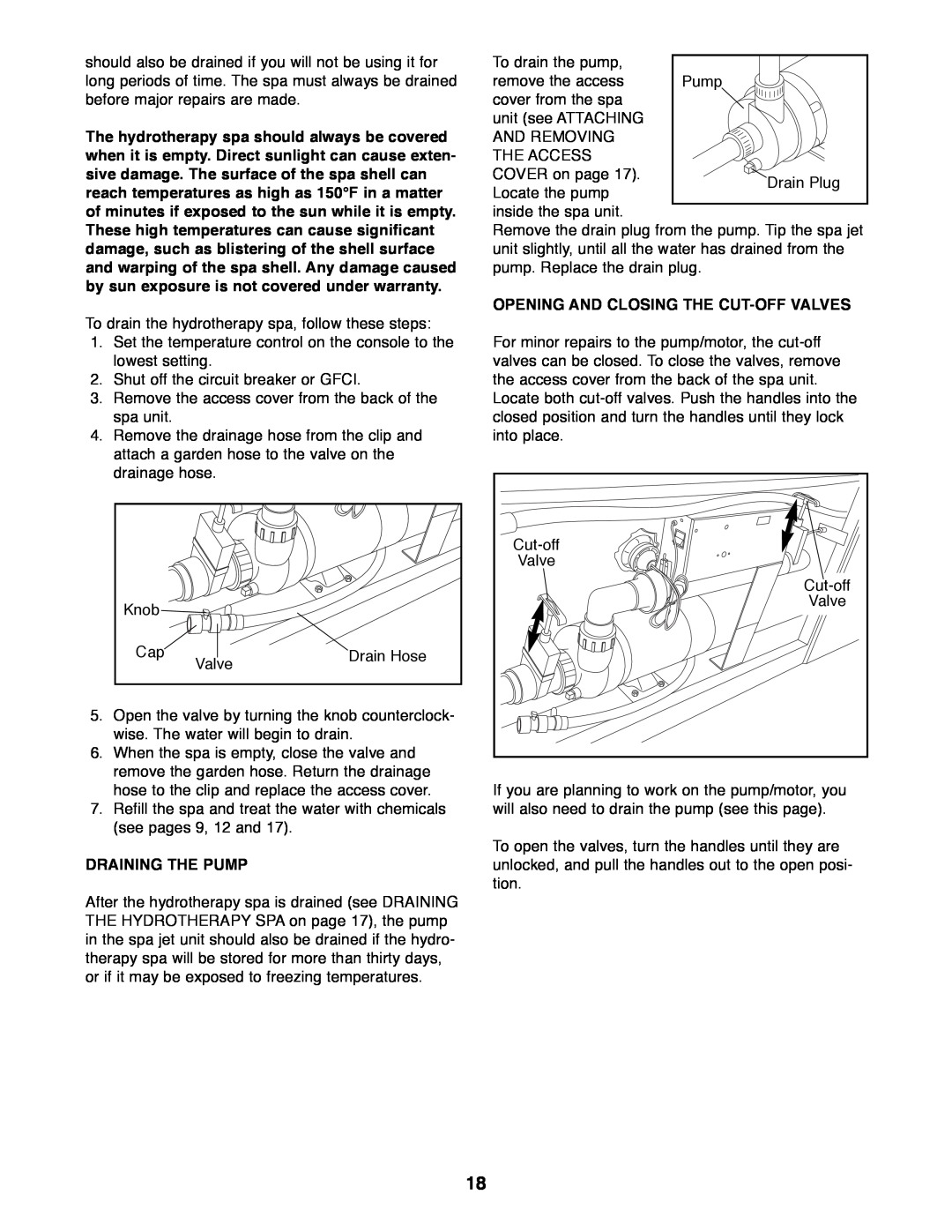ProForm 831.21005 user manual Draining The Pump, Opening And Closing The Cut-Offvalves 