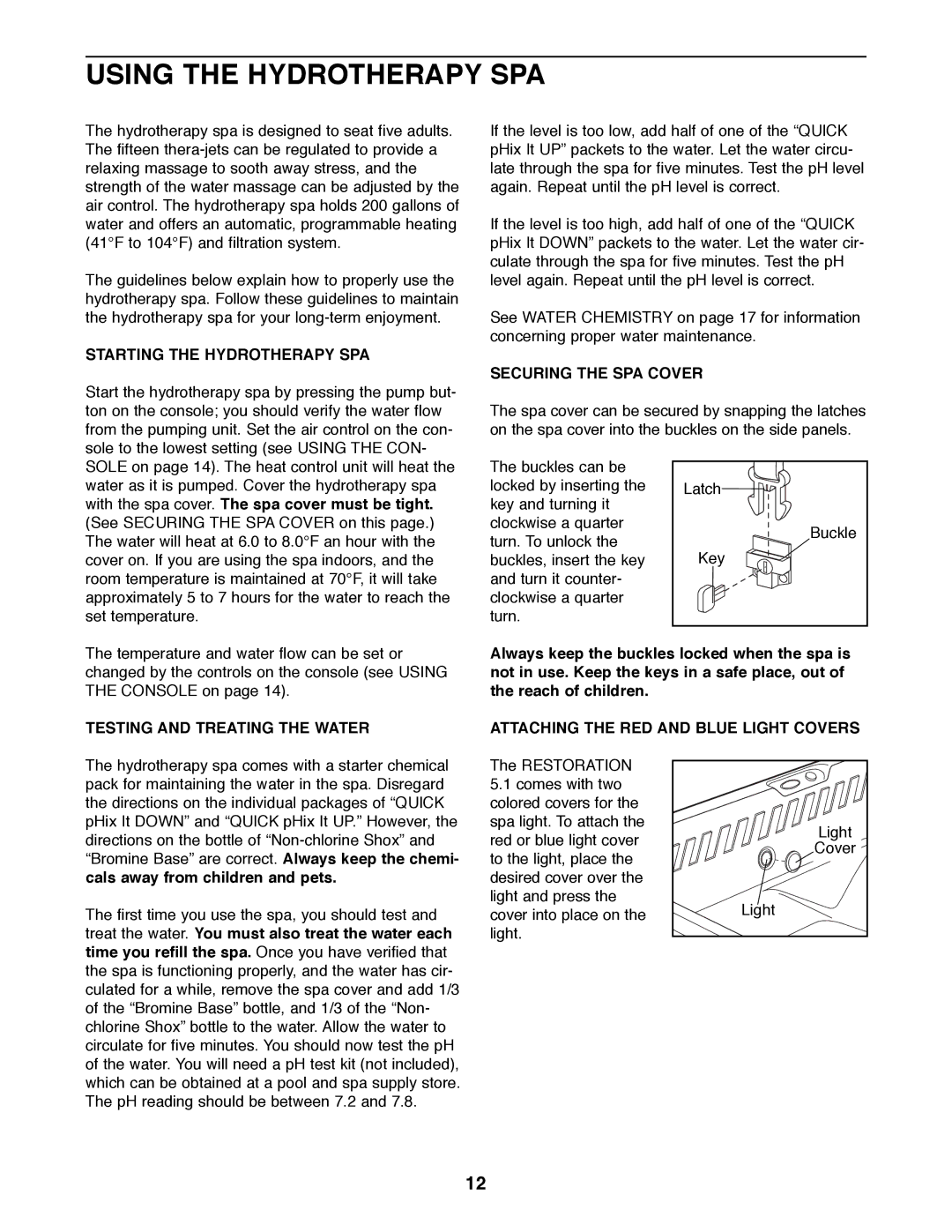 ProForm 831.210051 manual Using the Hydrotherapy SPA, Starting the Hydrotherapy SPA, Securing the SPA Cover 