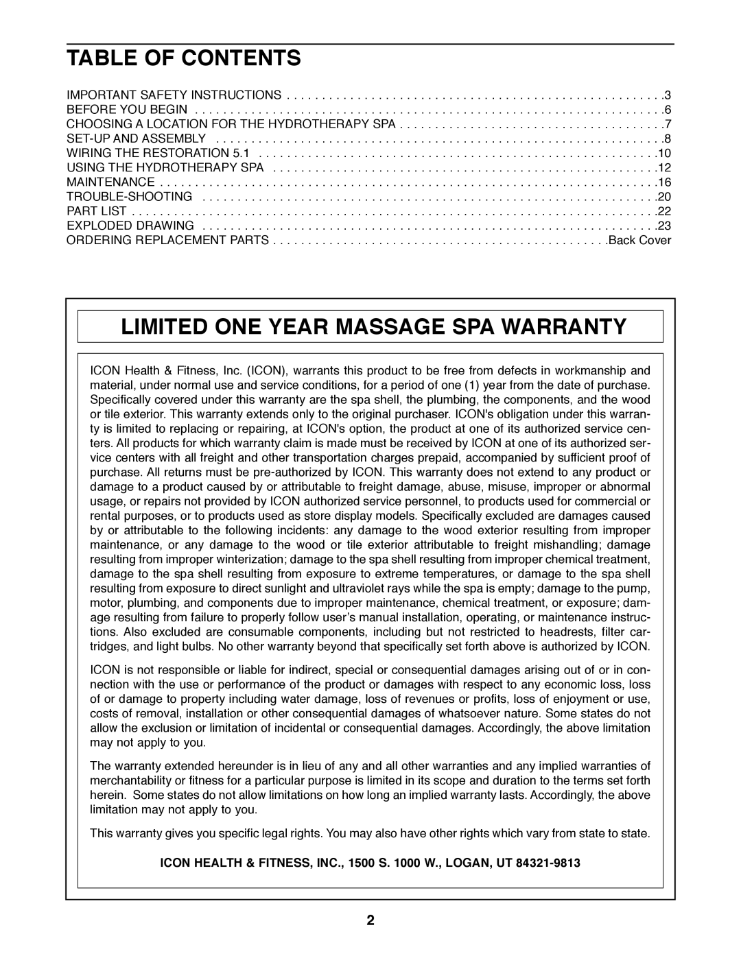 ProForm 831.210051 manual Table of Contents, Limited ONE Year Massage SPA Warranty 