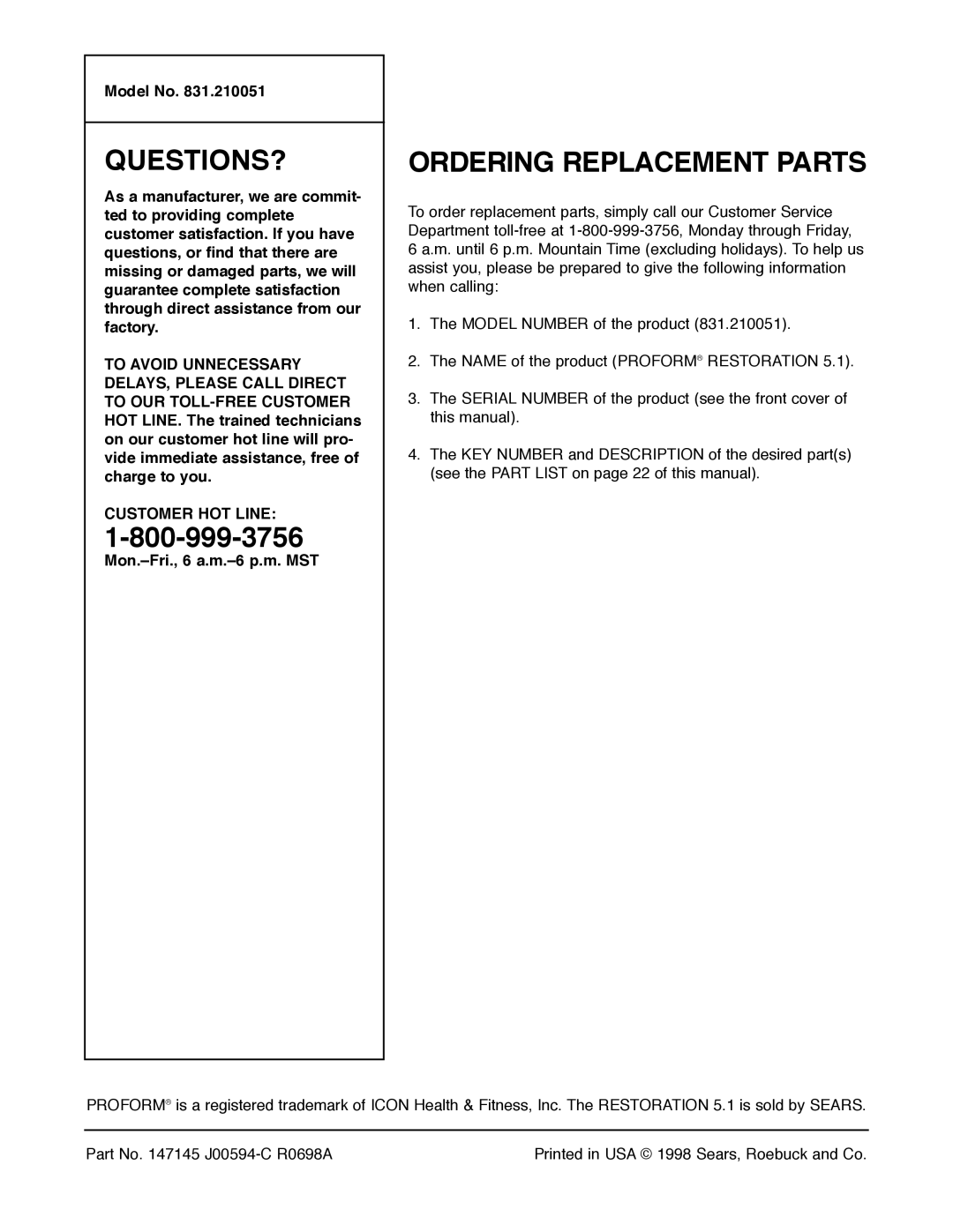 ProForm 831.210051 manual Ordering Replacement Parts, Model No 