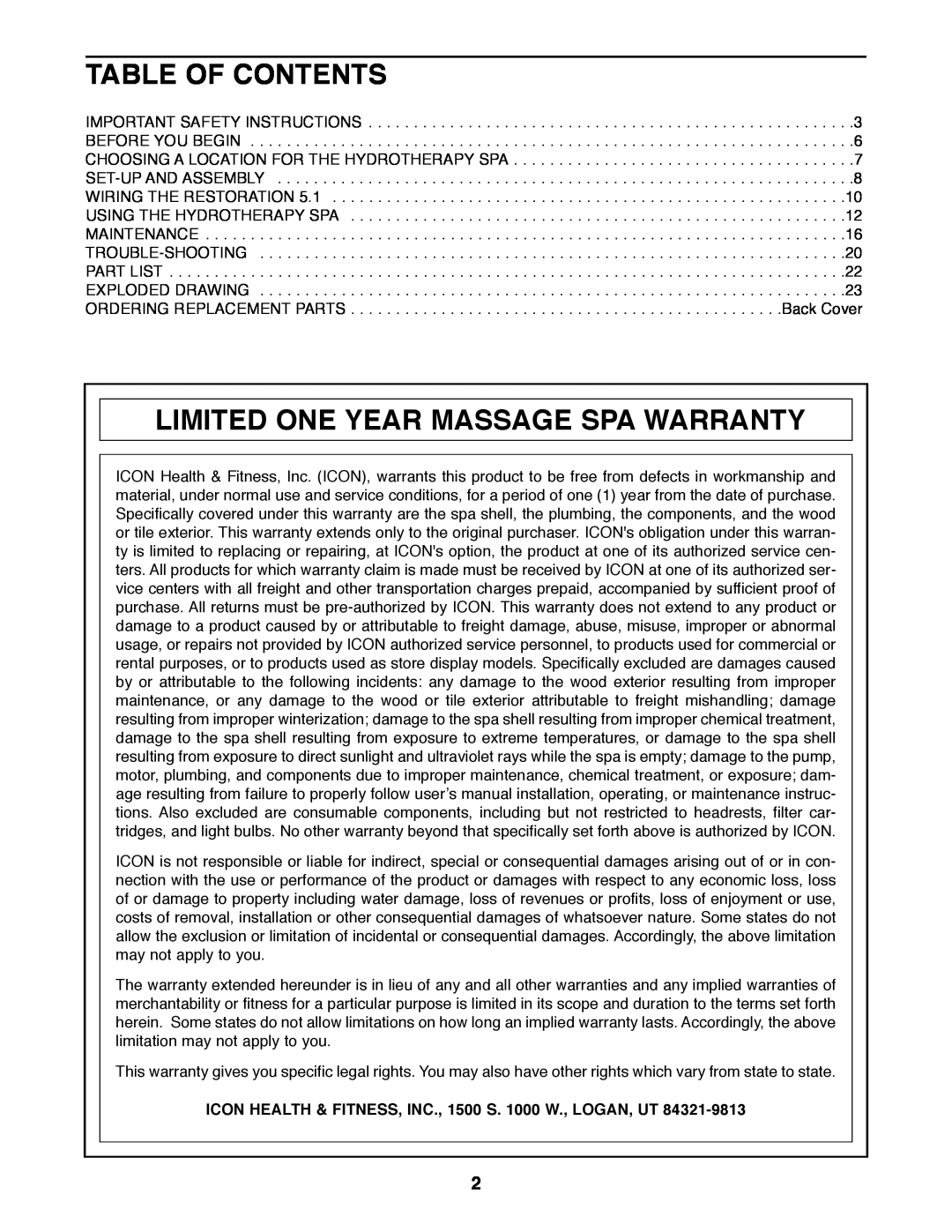 ProForm 831.210051 manual Table Of Contents, Limited One Year Massage Spa Warranty 