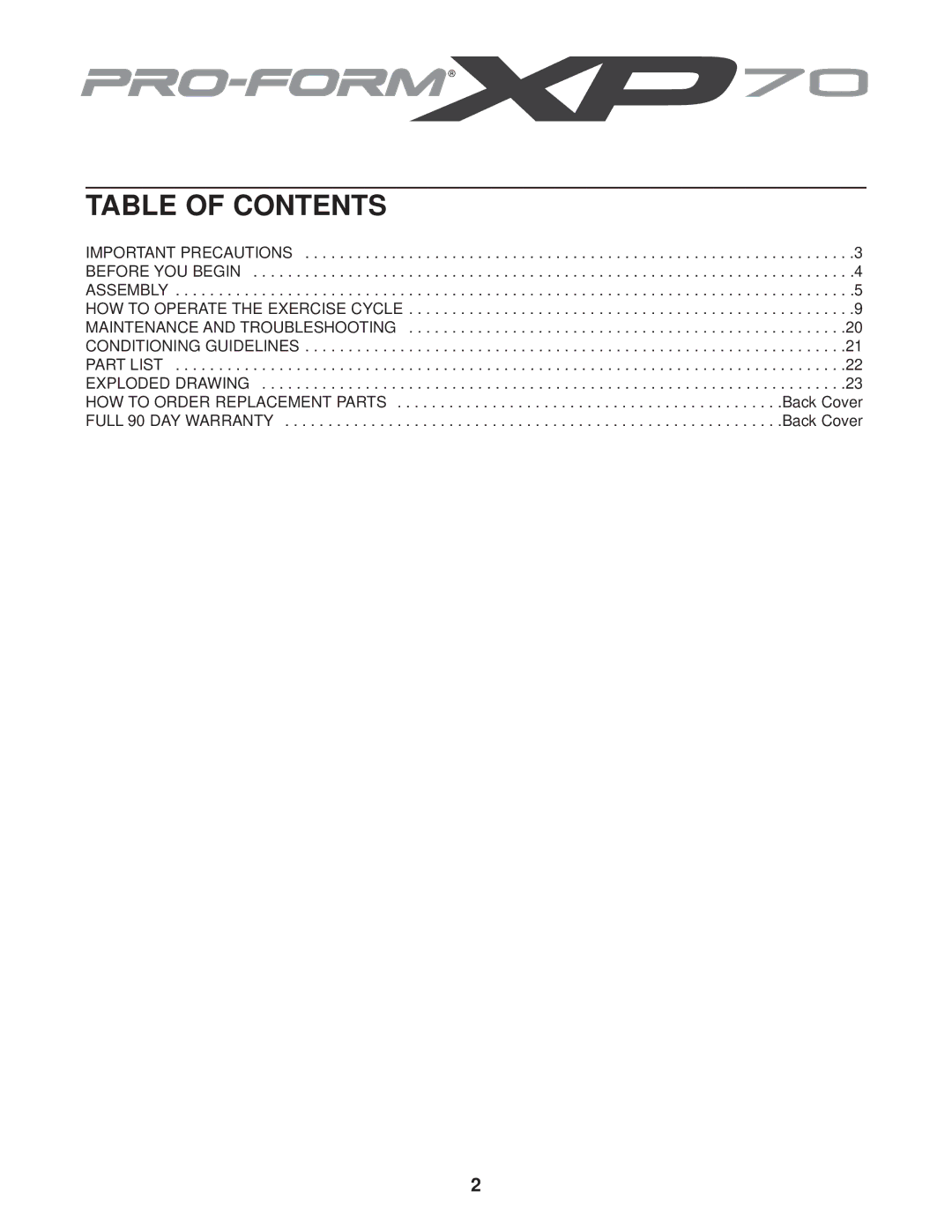 ProForm 831.215010 user manual Table of Contents 