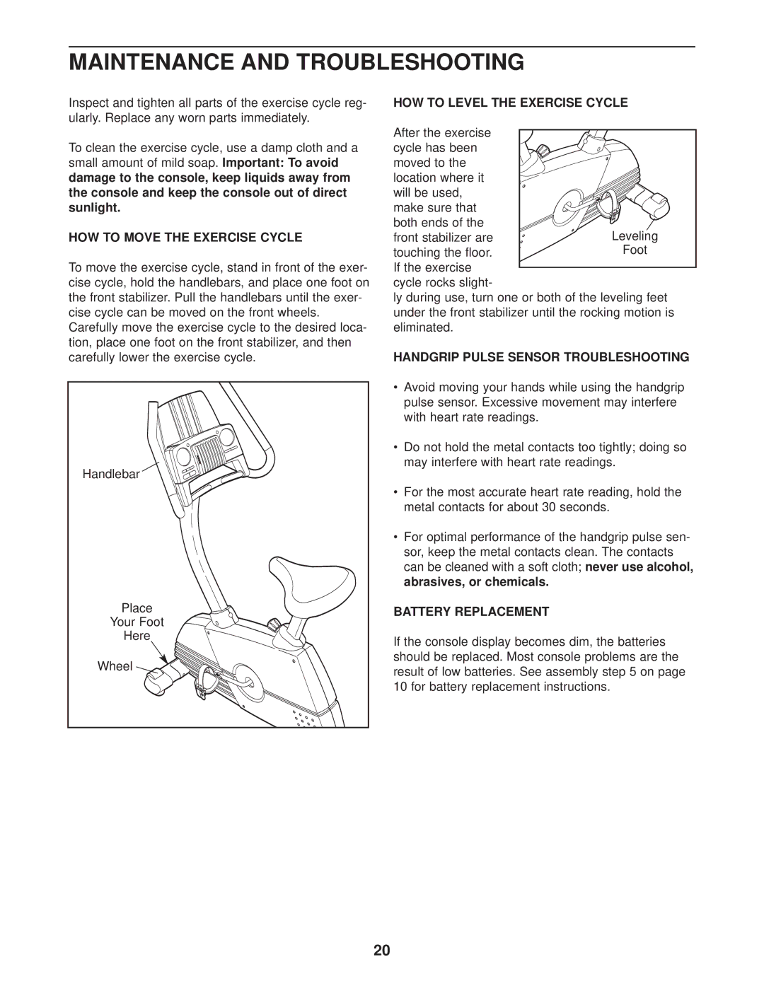 ProForm 831.215010 Maintenance and Troubleshooting, HOW to Move the Exercise Cycle, HOW to Level the Exercise Cycle 