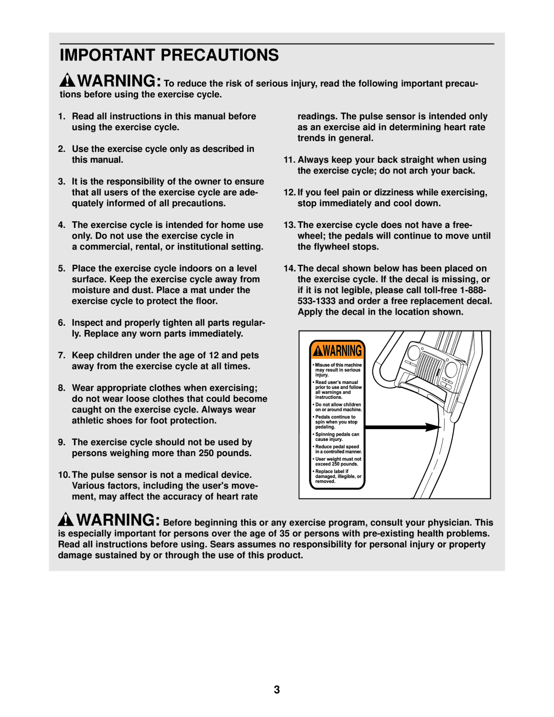 ProForm 831.215010 user manual Important Precautions 