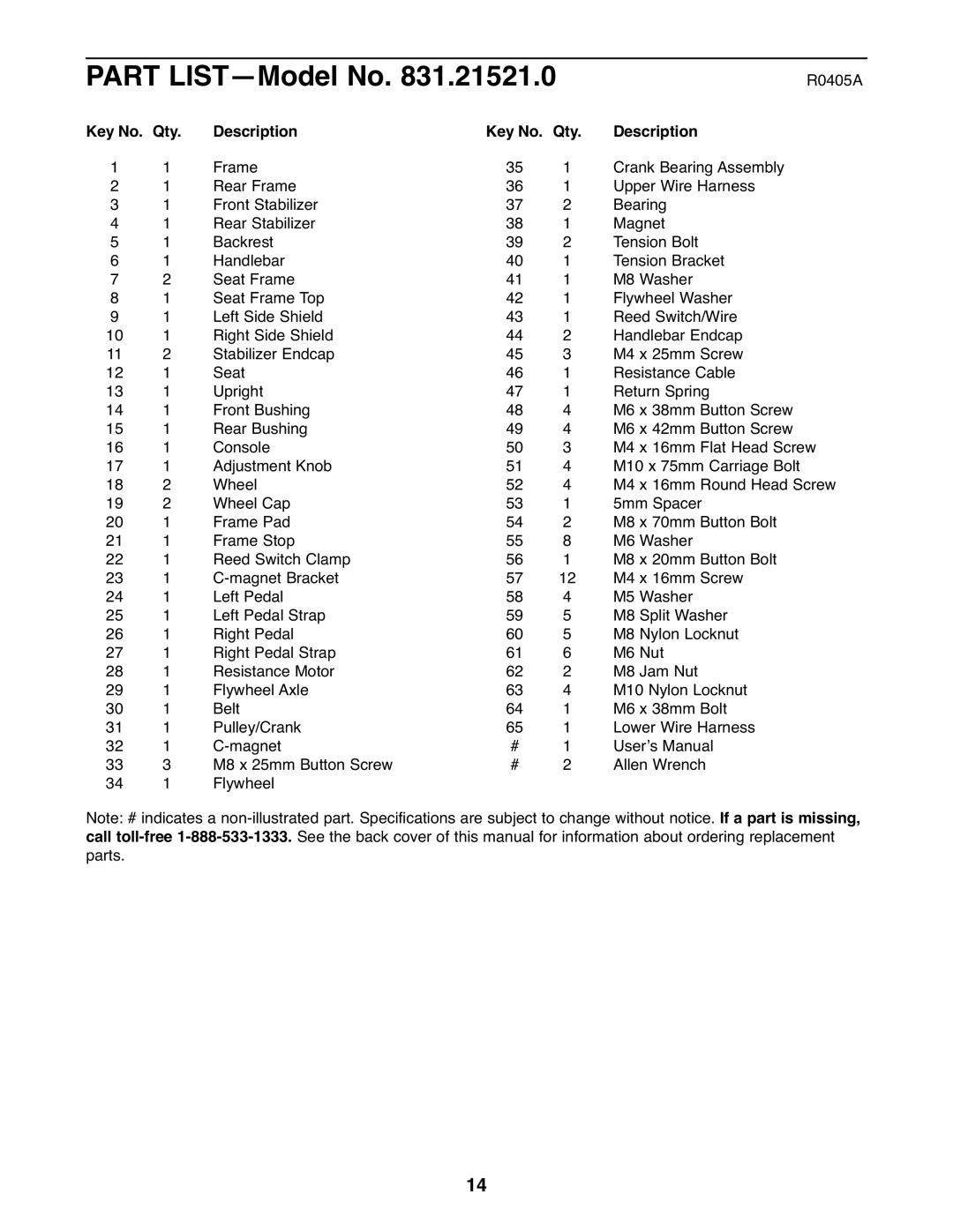 ProForm 831.21521.0 user manual R0405A, Description Qty 