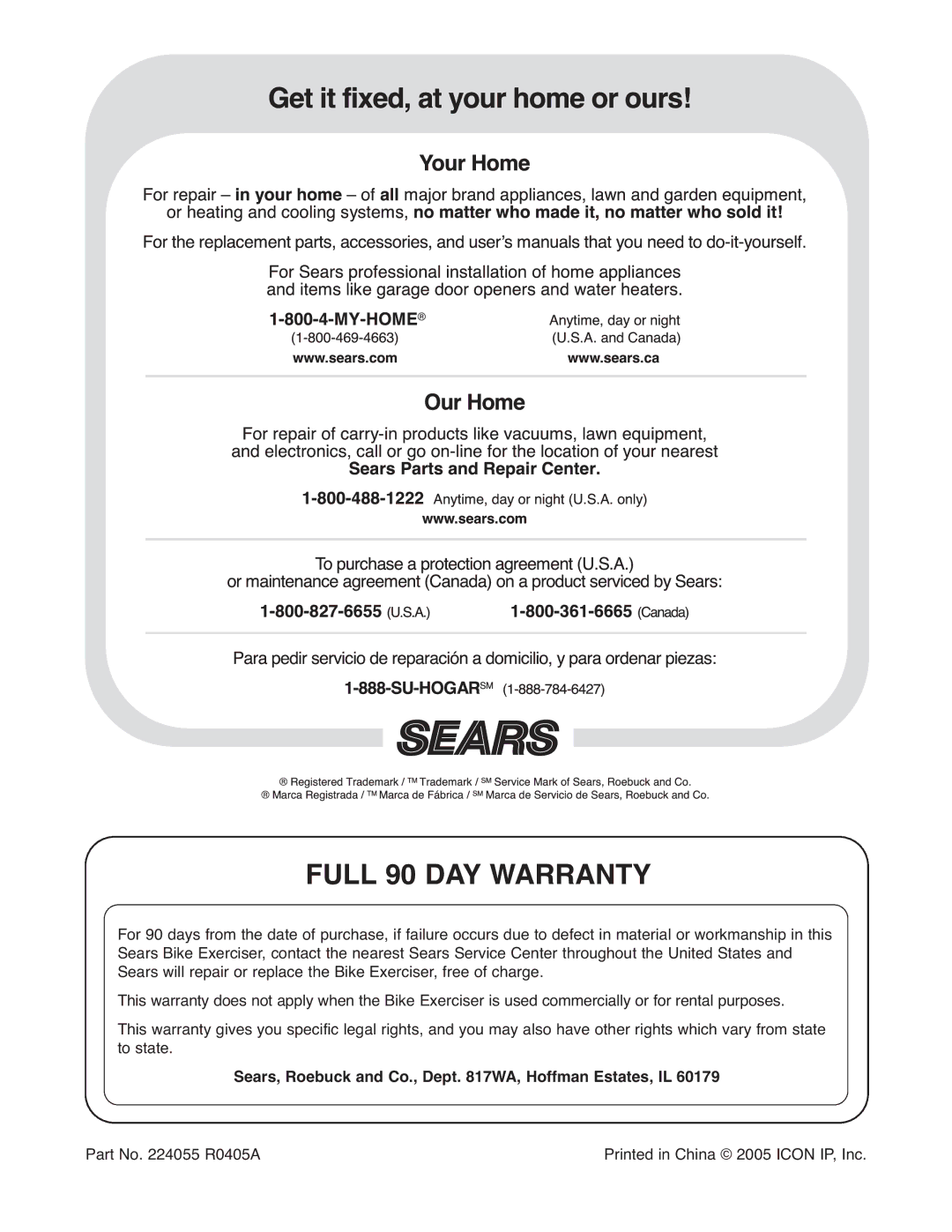 ProForm 831.21521.0 user manual Full 90 DAY Warranty, Sears, Roebuck and Co., Dept WA, Hoffman Estates, IL 