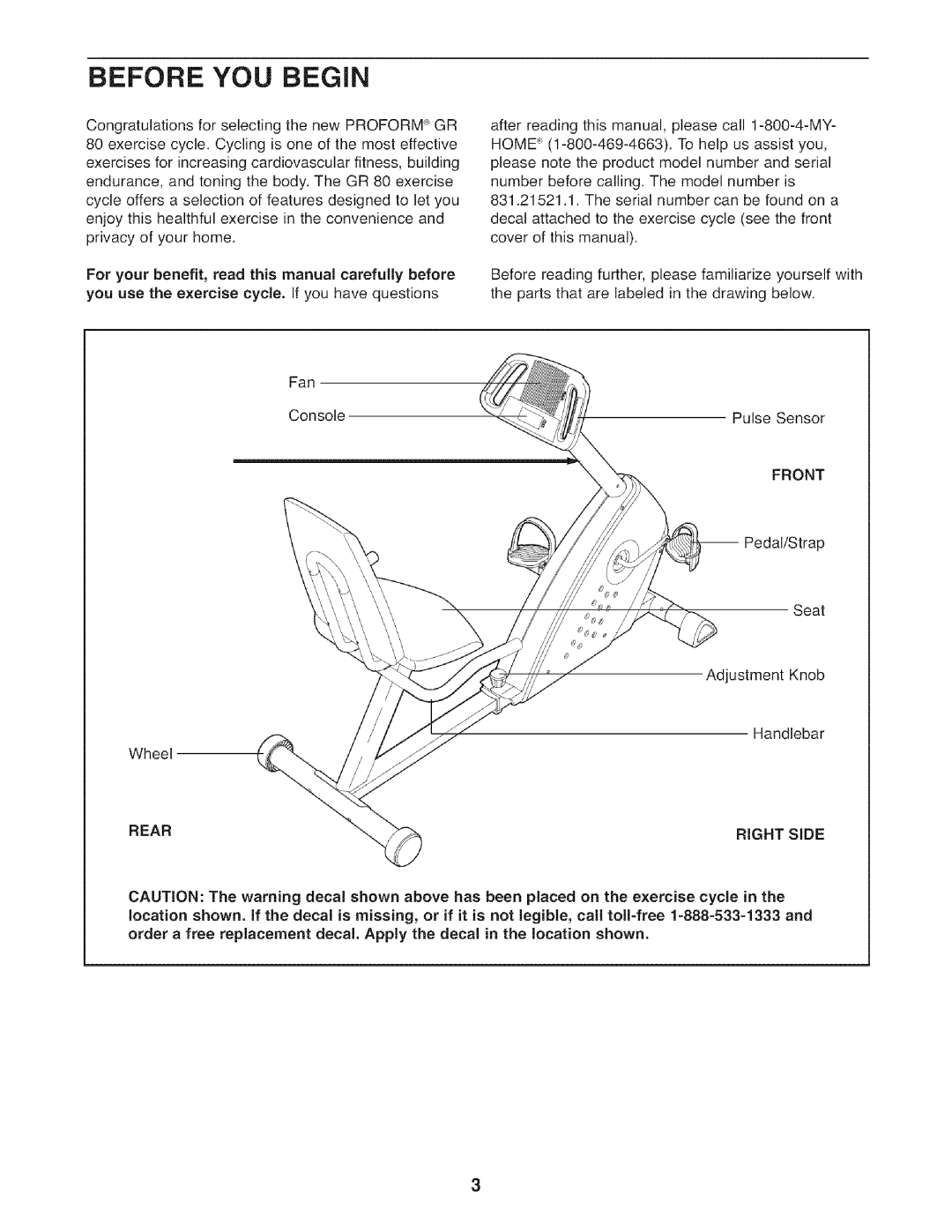 ProForm 831.21521.1 user manual Before YOU Begin 