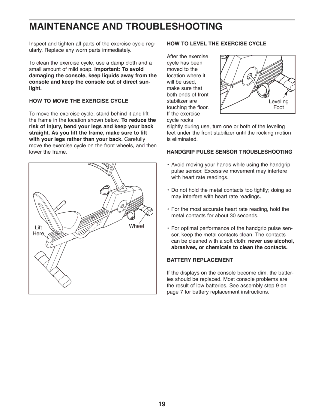 ProForm 831.21522.1 Maintenance and Troubleshooting, HOW to Move the Exercise Cycle, HOW to Level the Exercise Cycle 