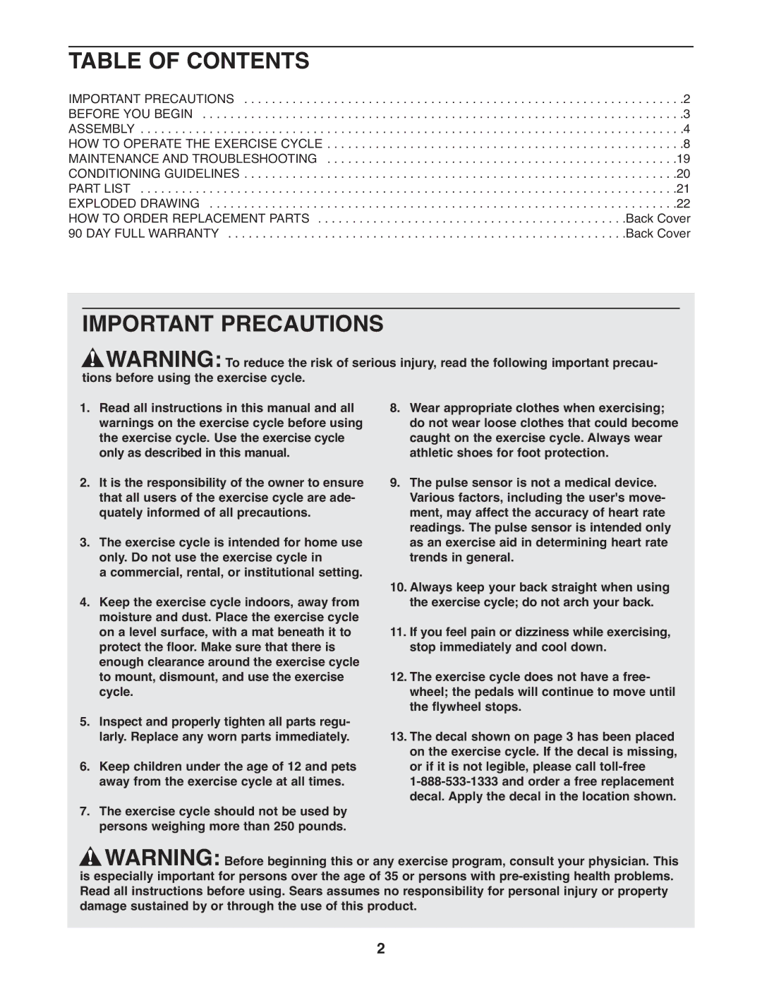 ProForm 831.21522.1 user manual Table of Contents, Important Precautions 