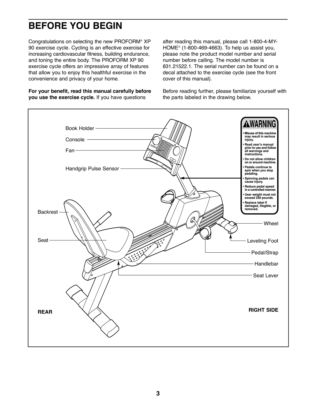 ProForm 831.21522.1 user manual Before YOU Begin, Rear Right Side 