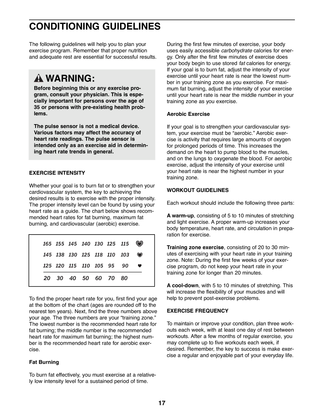 ProForm 831.21641.0 user manual Conditioning Guidelines, Exercise Intensity, Workout Guidelines, Exercise Frequency 